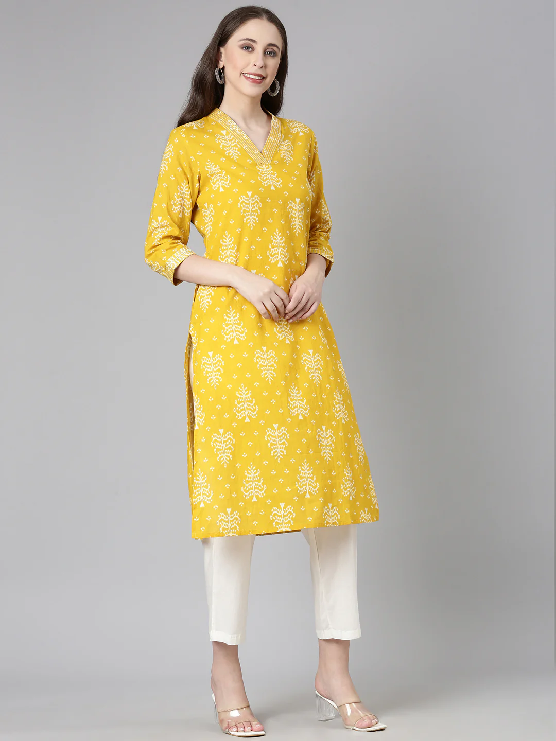 Neerus Mustard Casual Floral Straight Kurta - Image 2
