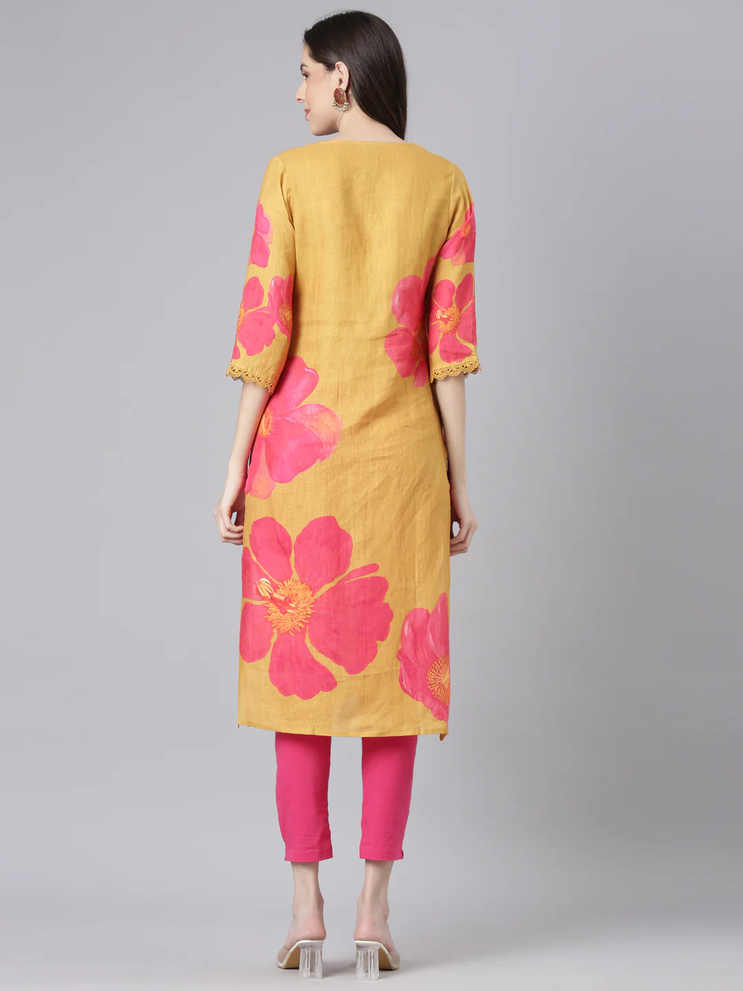Neerus Mustard Casual Floral Straight Kurta - Image 3