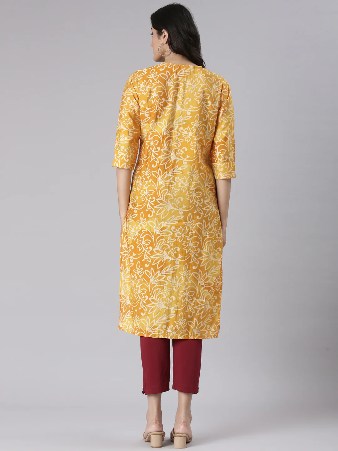 Neerus Mustard Casual Floral Straight Kurta - Image 3