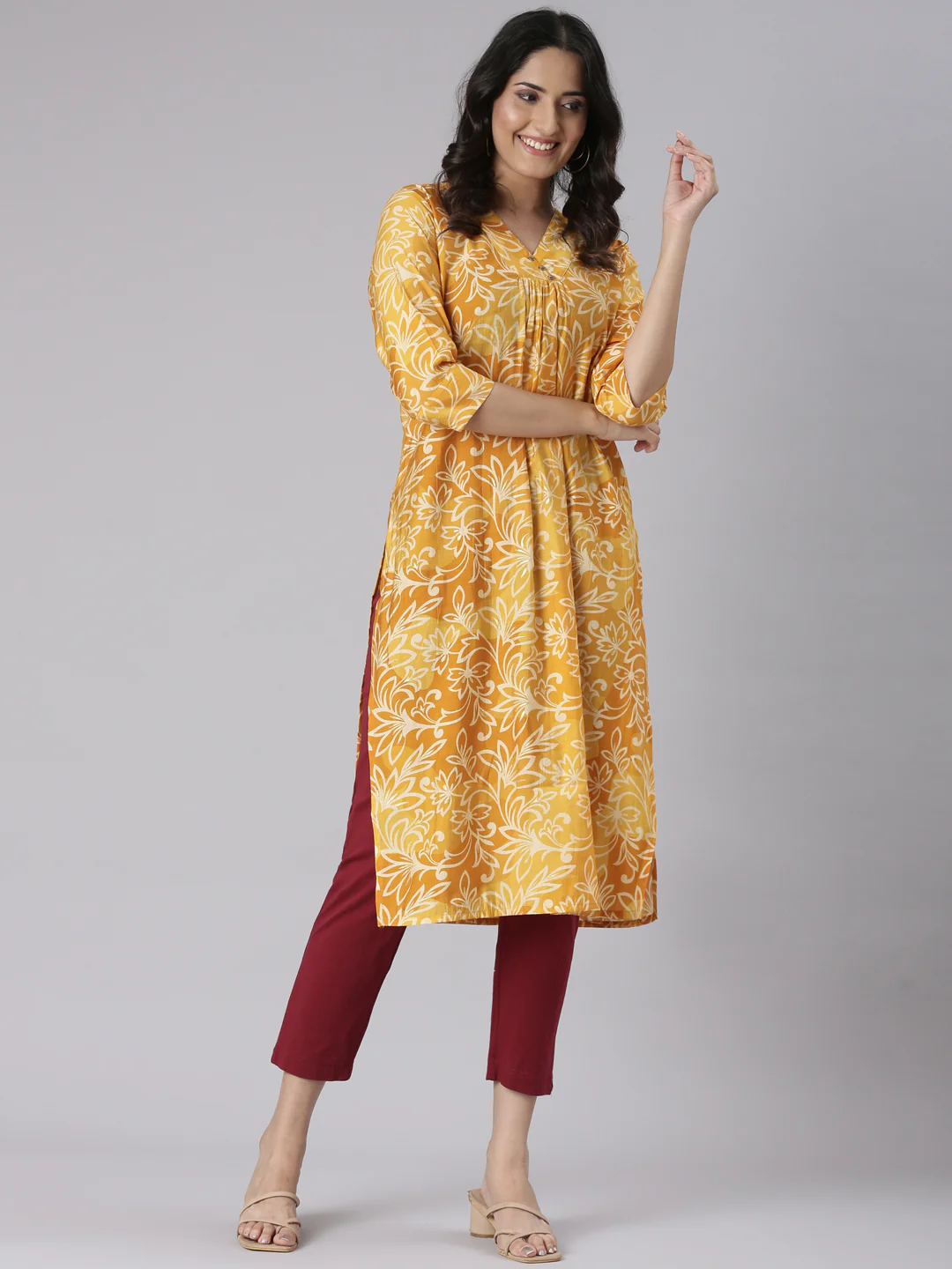 Neerus Mustard Casual Floral Straight Kurta - Image 5