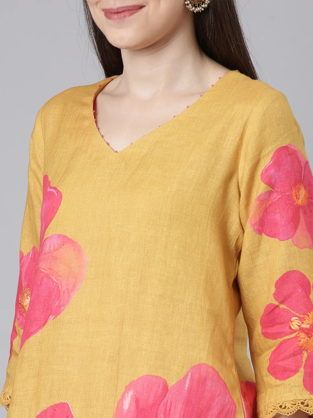 Neerus Mustard Casual Floral Straight Kurta - Image 4