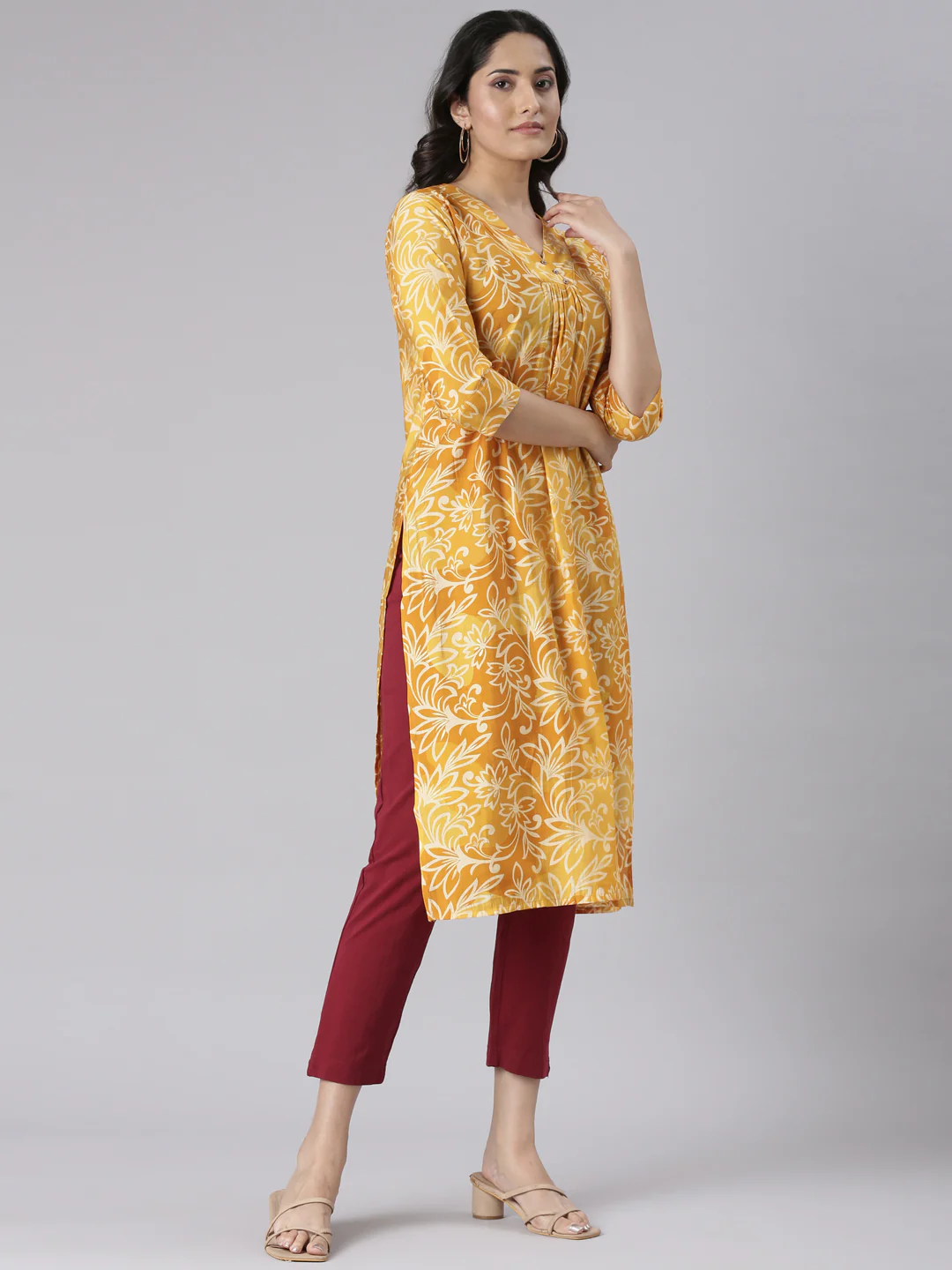 Neerus Mustard Casual Floral Straight Kurta - Image 2