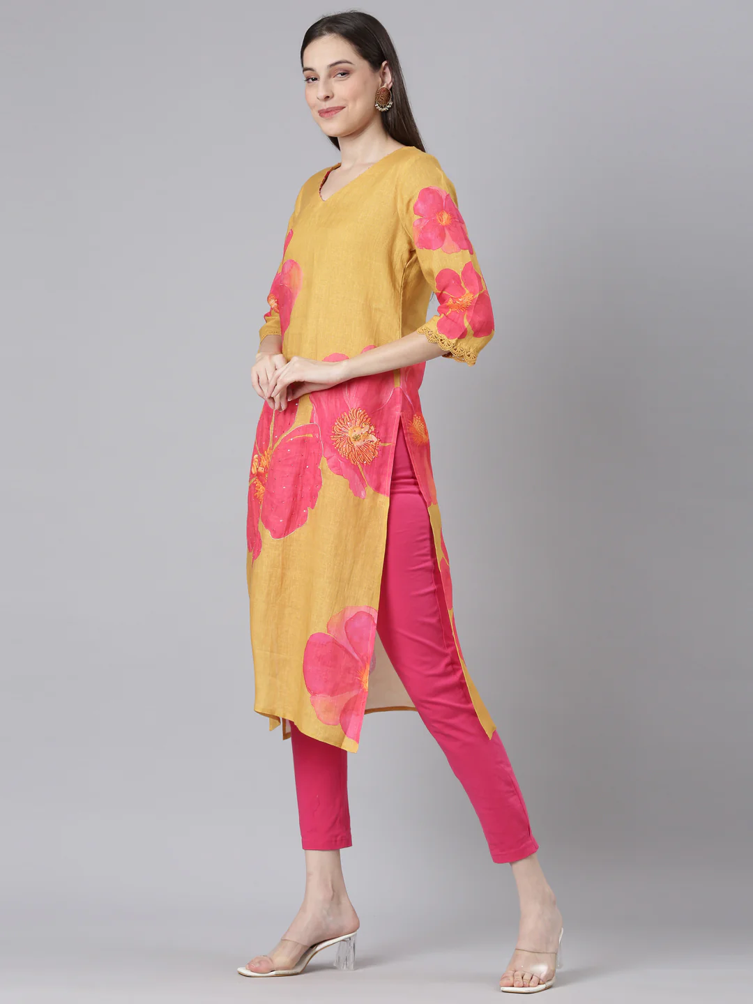 Neerus Mustard Casual Floral Straight Kurta - Image 5