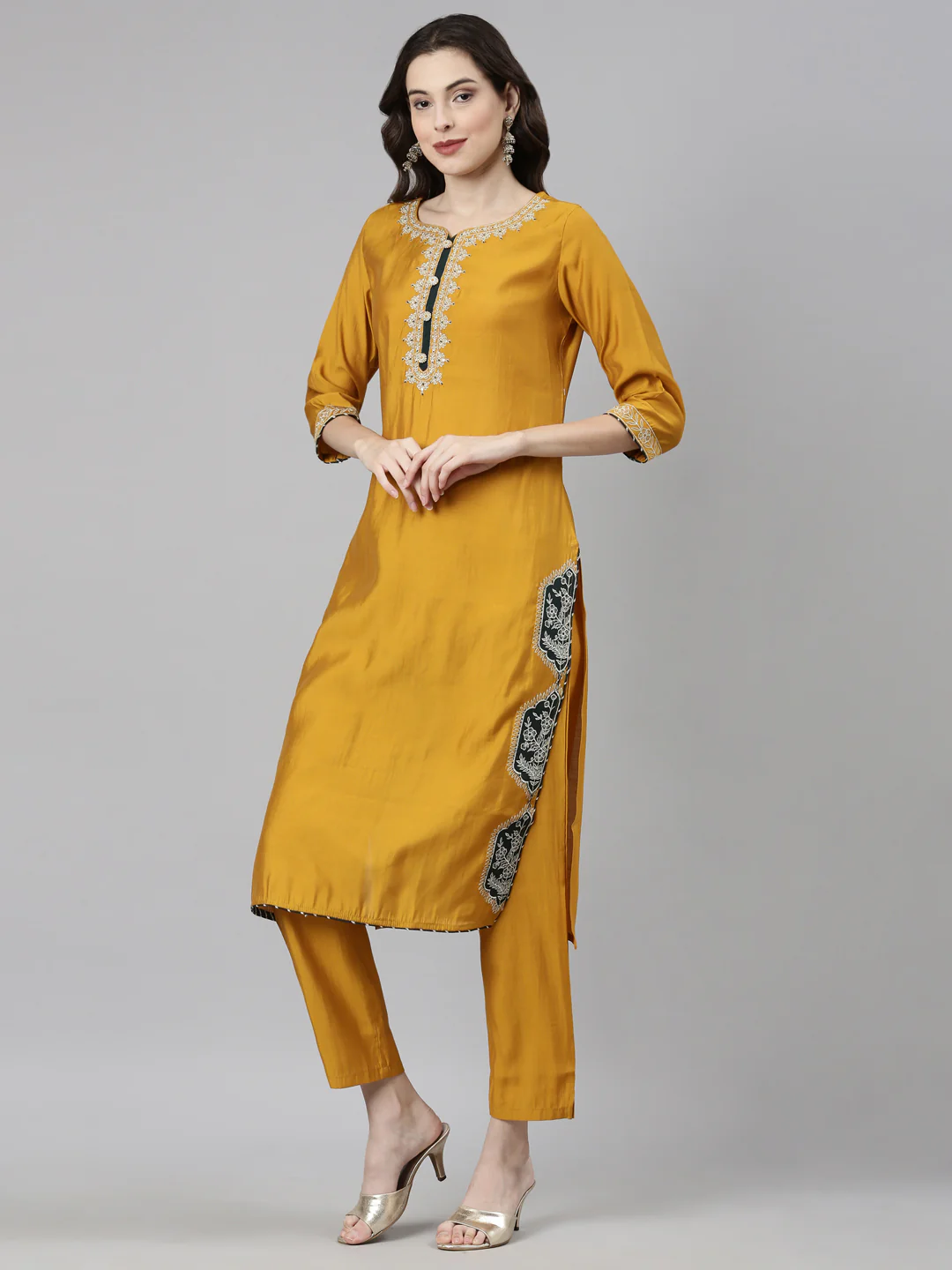 Neerus Mustard Casual Solid Straight Kurta and Trousers With Dupatta - Image 2
