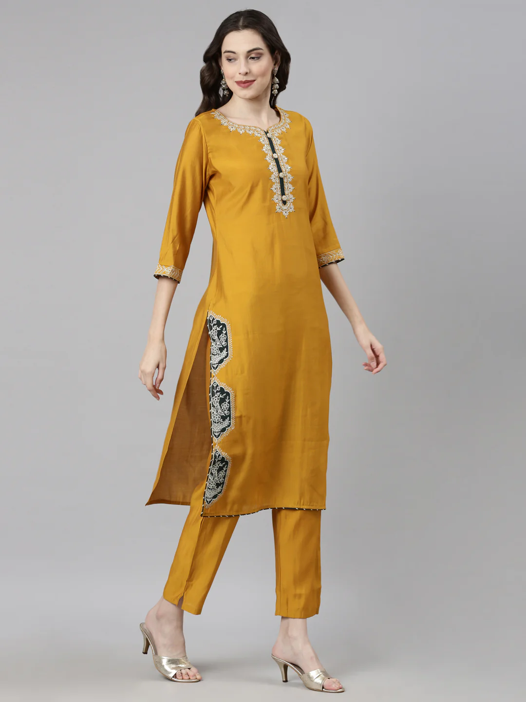 Neerus Mustard Casual Solid Straight Kurta and Trousers With Dupatta - Image 3