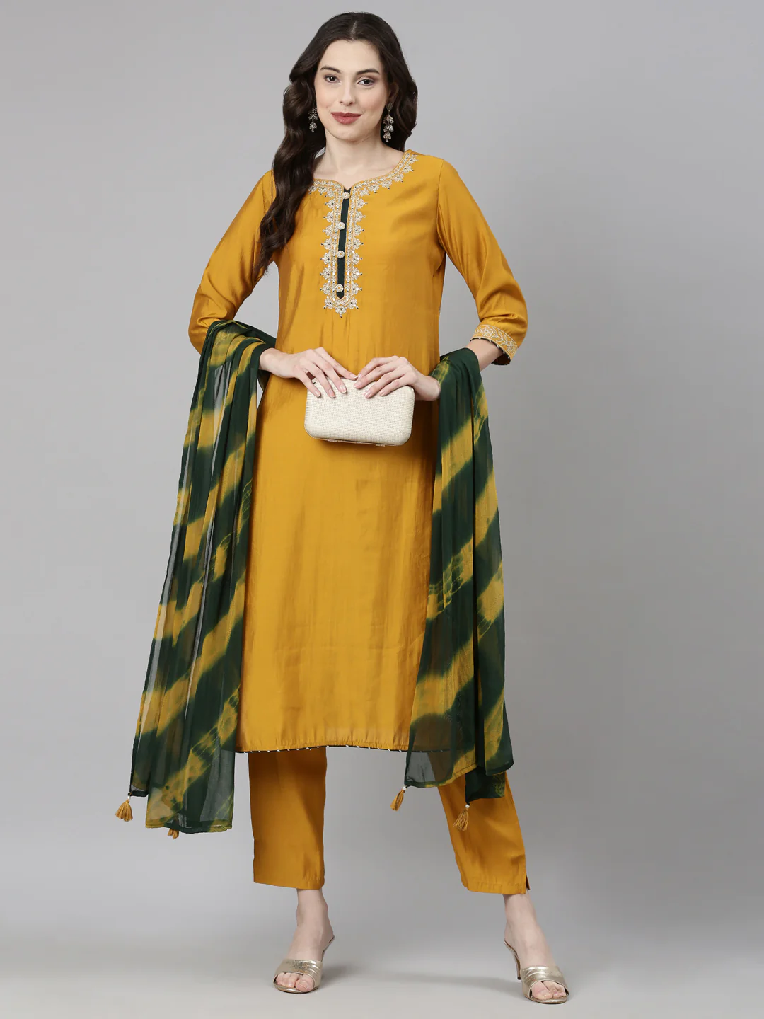 Neerus Mustard Casual Solid Straight Kurta and Trousers With Dupatta - Image 6