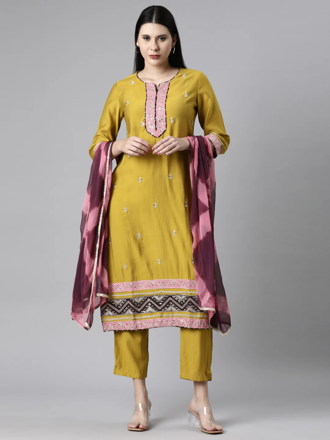 Neerus Mustard Casual Straight Kurta and Trousers With Dupatta