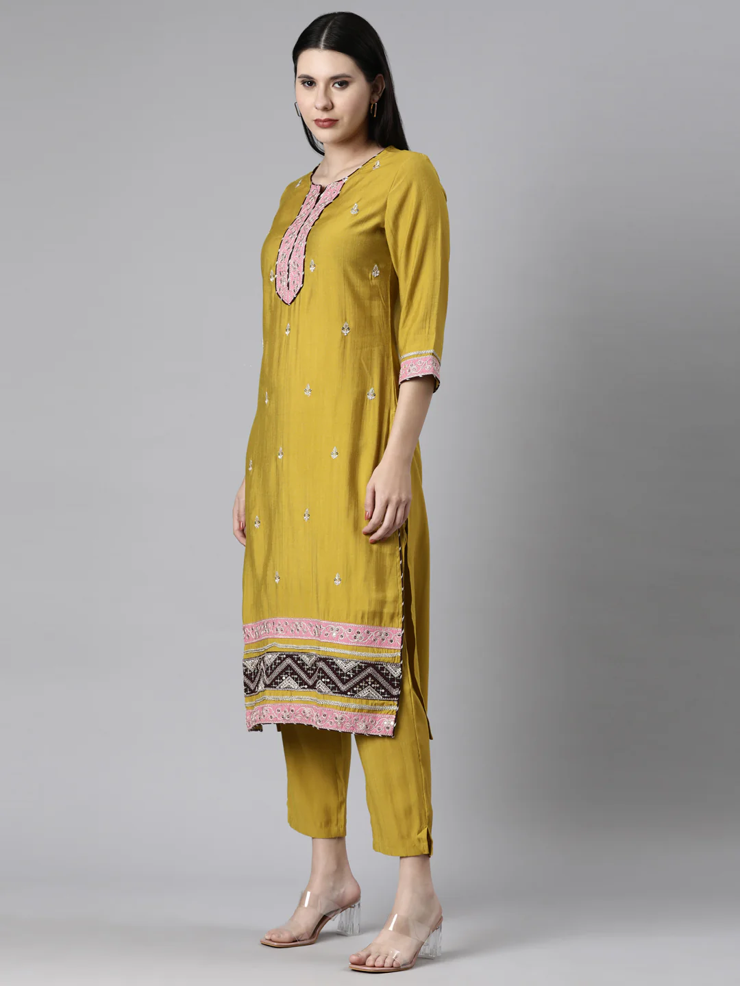 Neerus Mustard Casual Straight Kurta and Trousers With Dupatta - Image 2