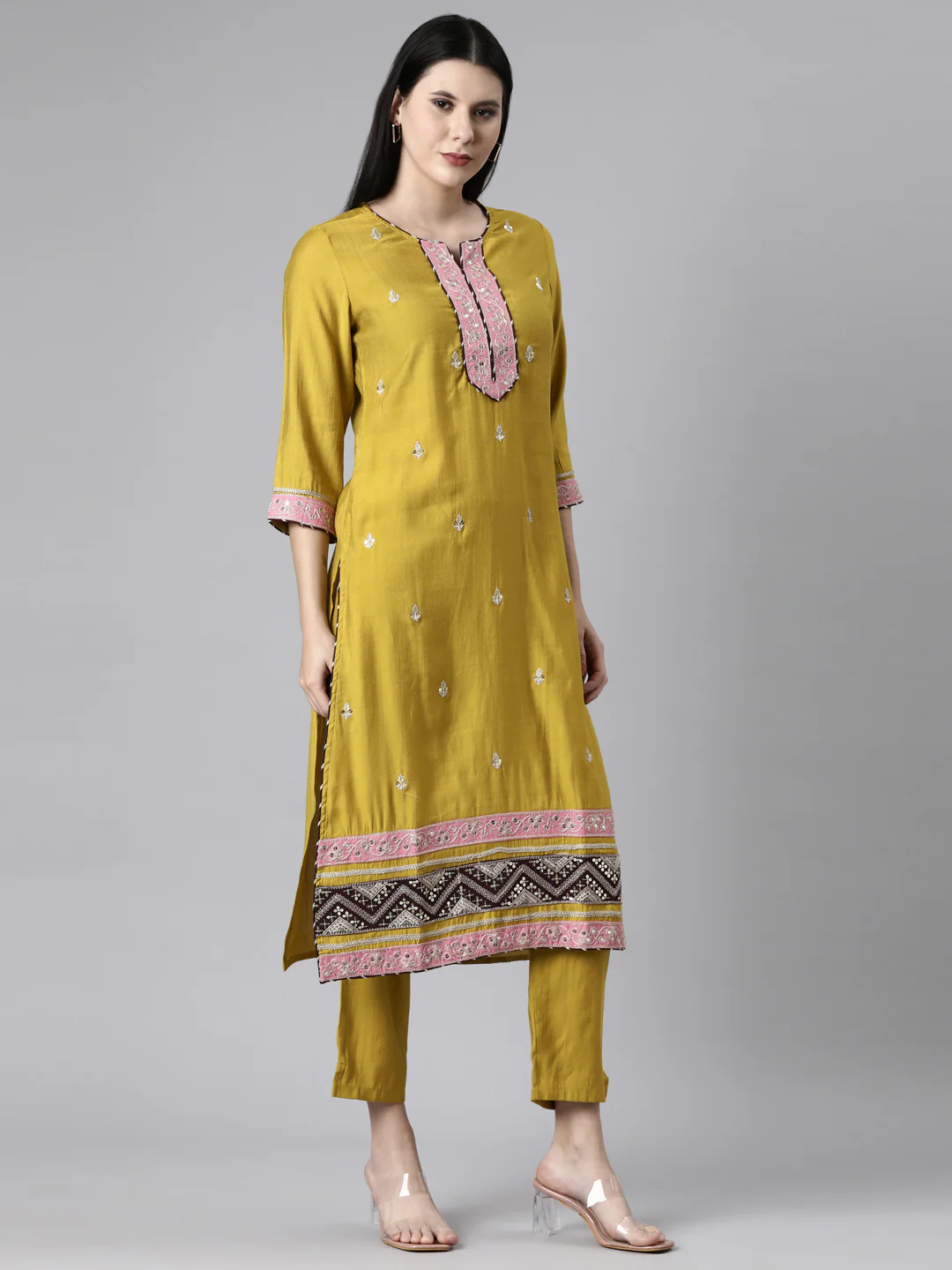 Neerus Mustard Casual Straight Kurta and Trousers With Dupatta - Image 3