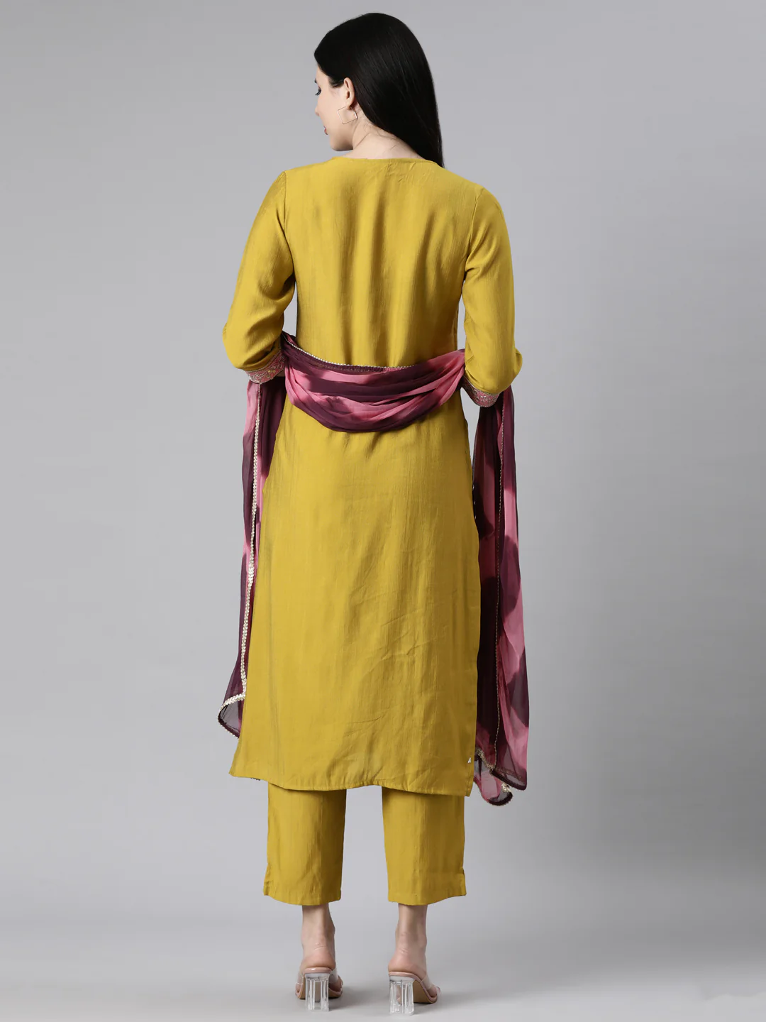 Neerus Mustard Casual Straight Kurta and Trousers With Dupatta - Image 4