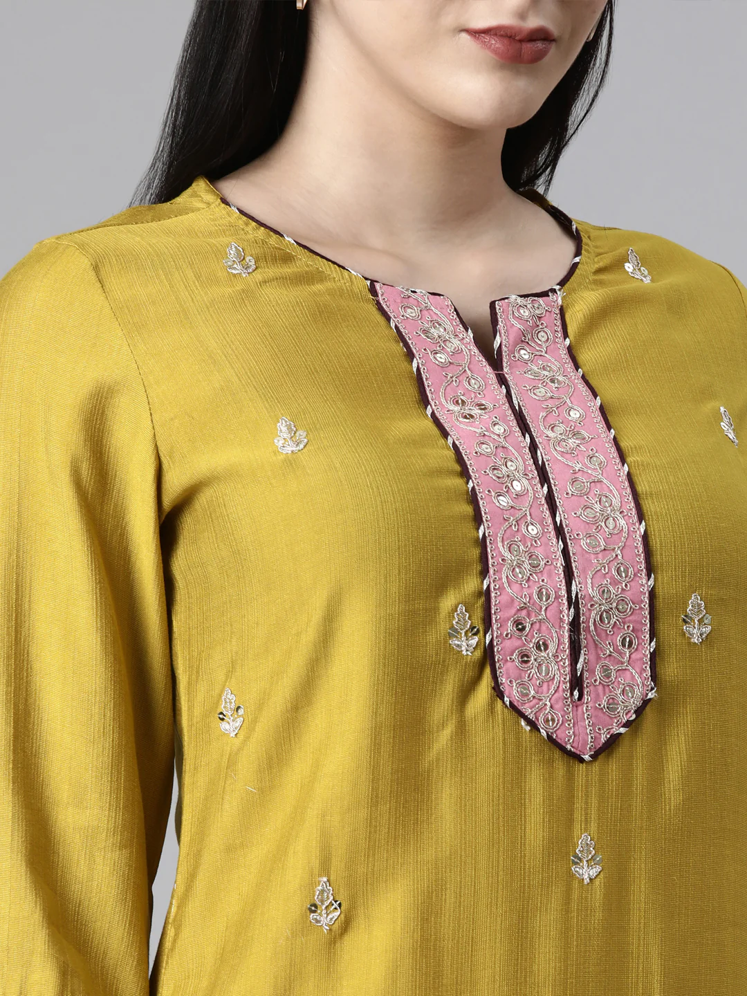 Neerus Mustard Casual Straight Kurta and Trousers With Dupatta - Image 5