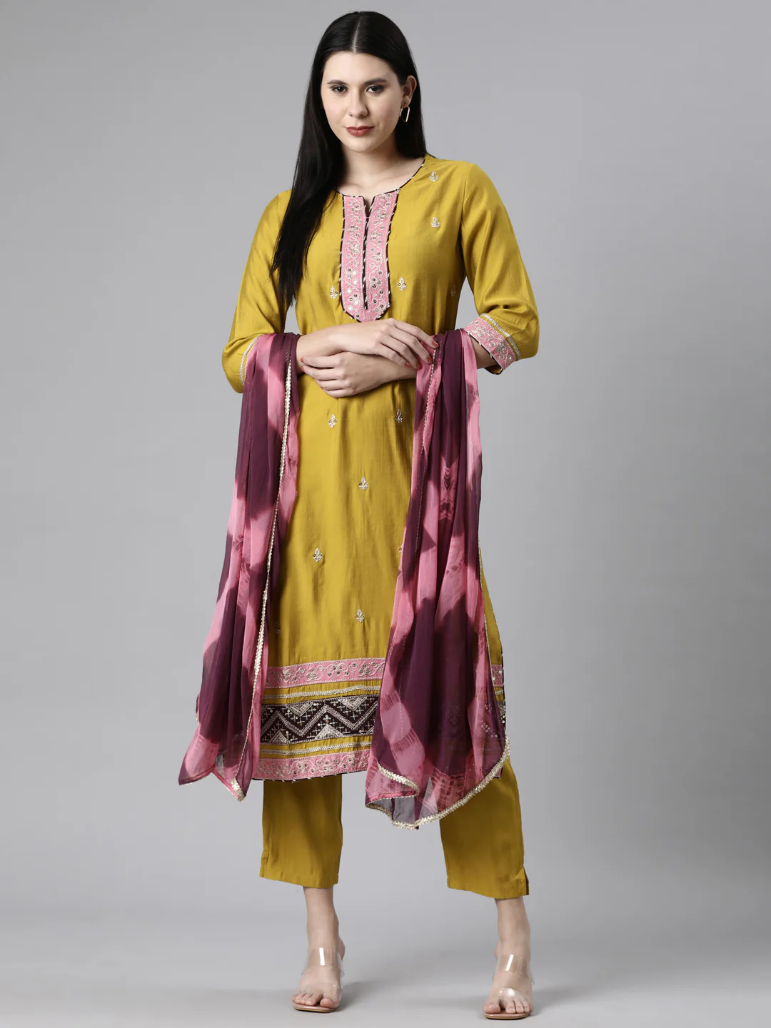 Neerus Mustard Casual Straight Kurta and Trousers With Dupatta - Image 6