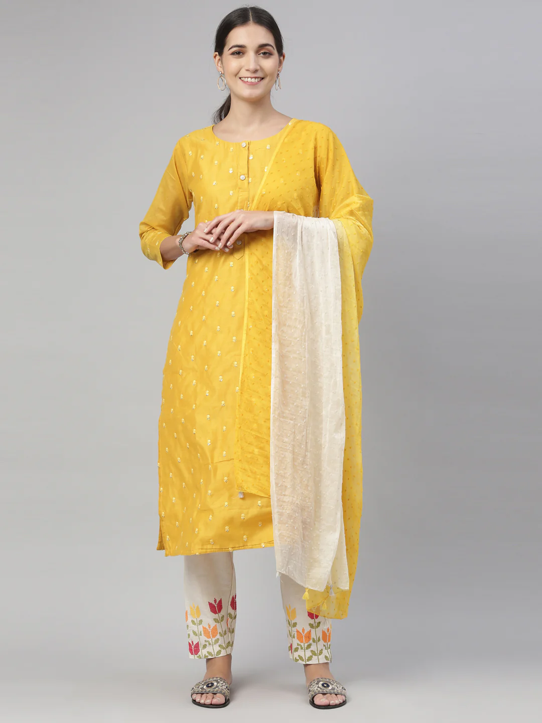 Neerus Mustard Color Chanderi Fabric Kurta Set