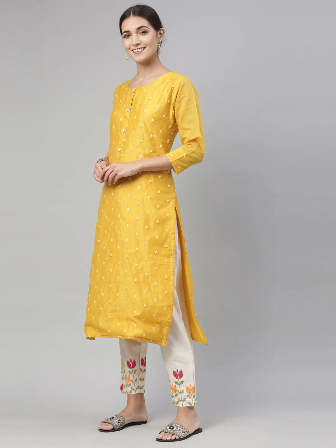 Neerus Mustard Color Chanderi Fabric Kurta Set - Image 5
