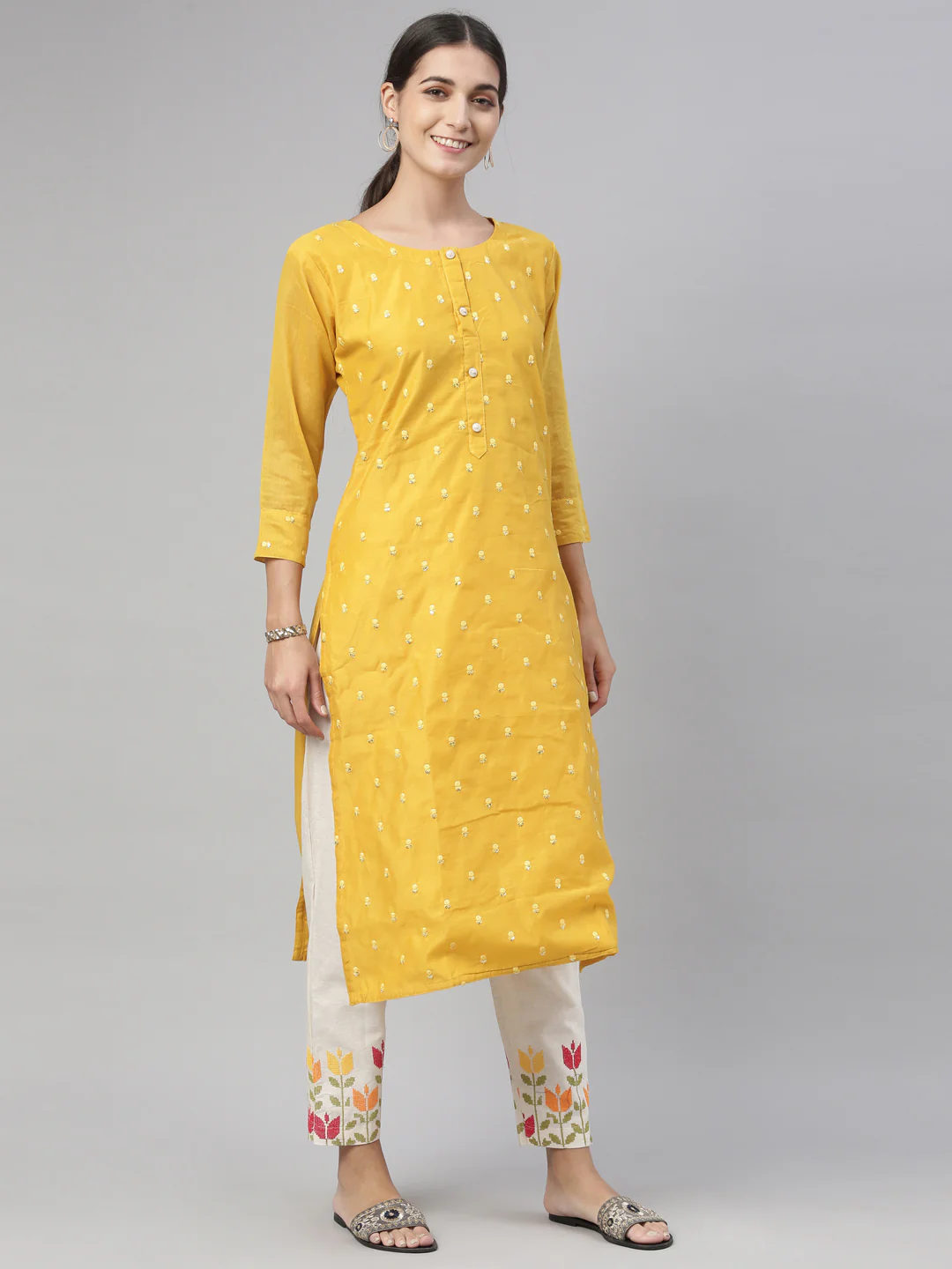 Neerus Mustard Color Chanderi Fabric Kurta Set - Image 6