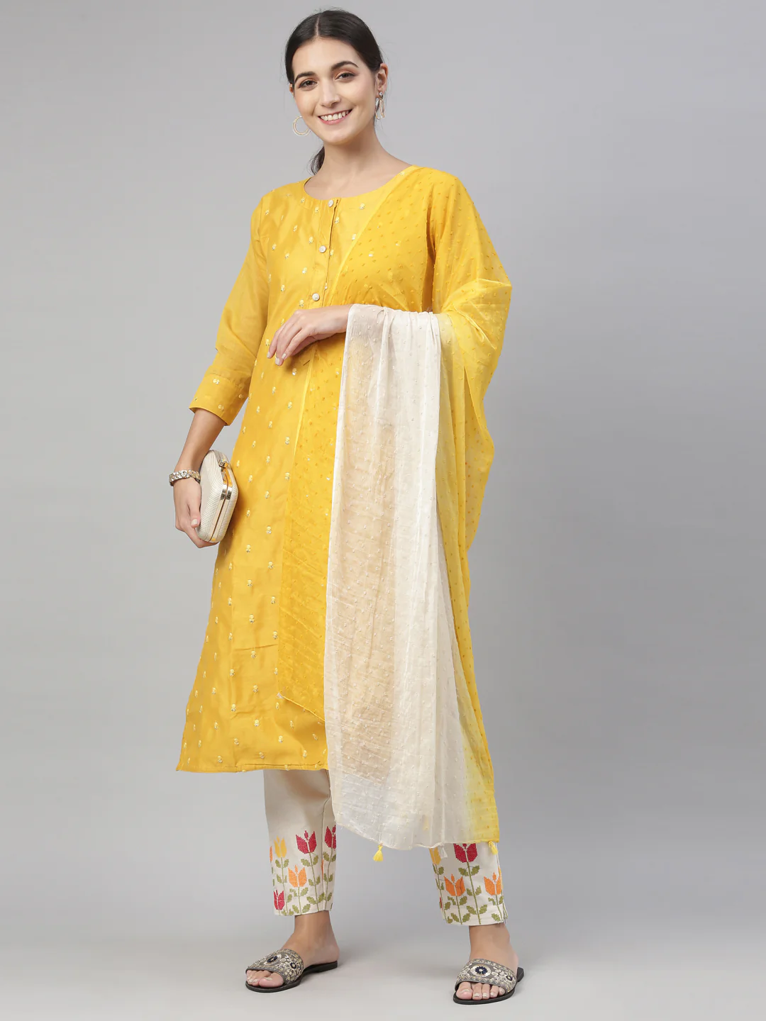 Neerus Mustard Color Chanderi Fabric Kurta Set - Image 8