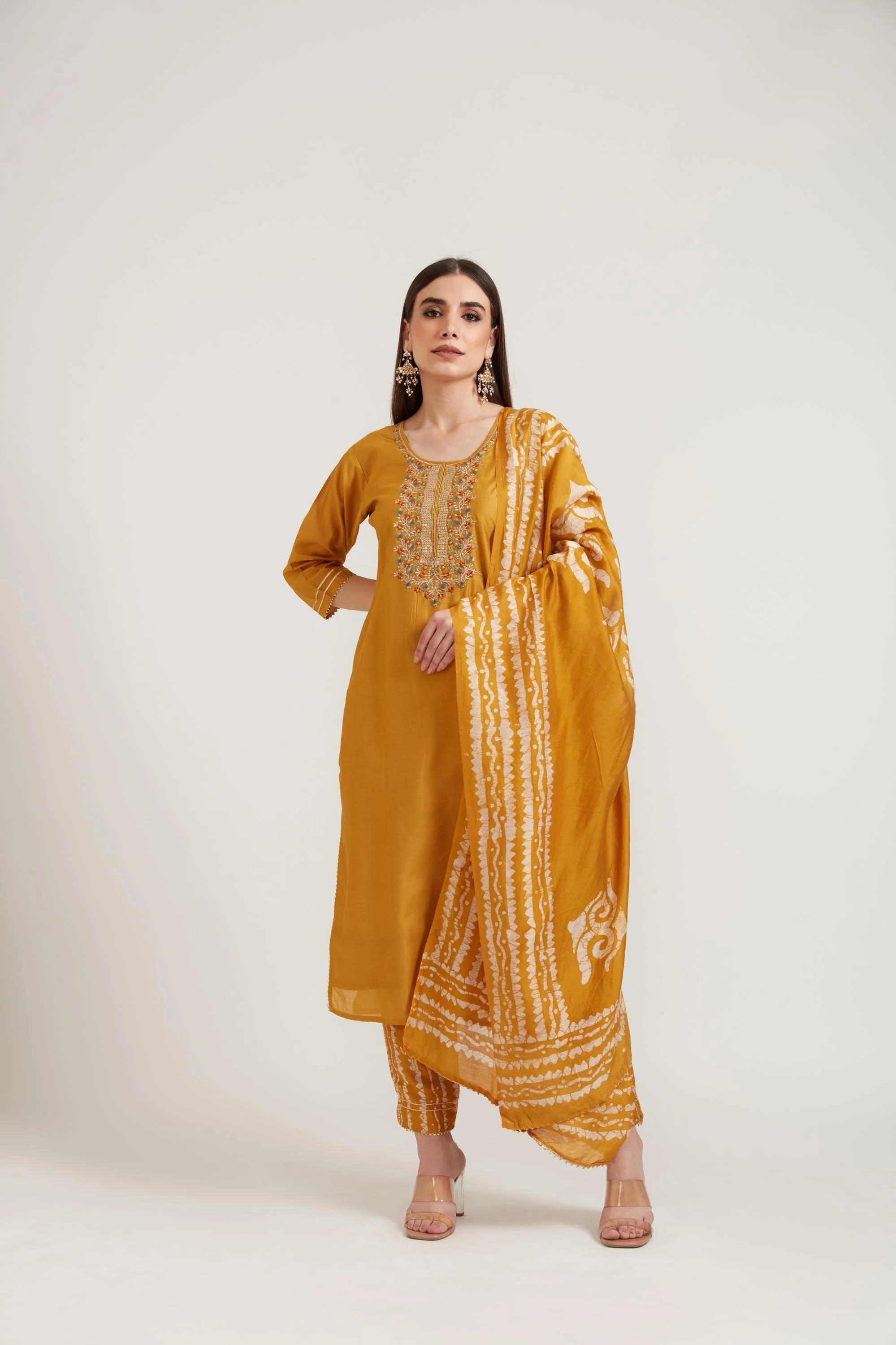 Neerus Mustard Color Chanderi Fabric Suit Set