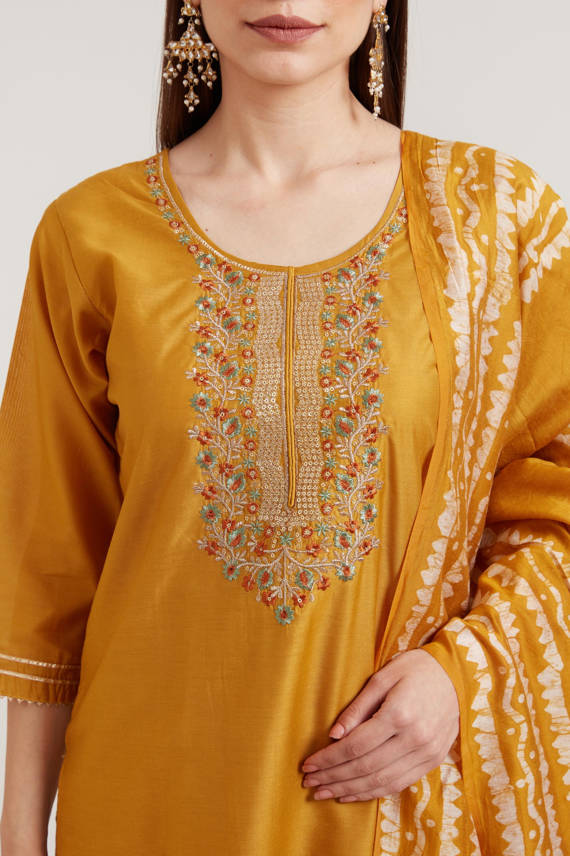 Neerus Mustard Color Chanderi Fabric Suit Set - Image 3