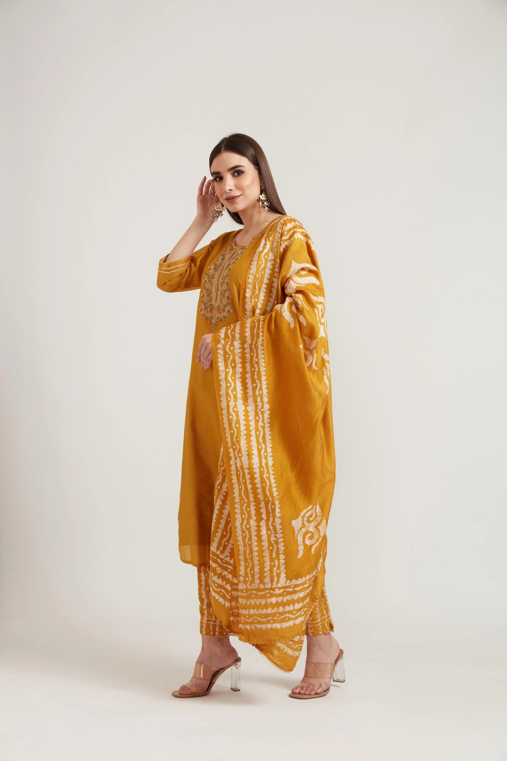 Neerus Mustard Color Chanderi Fabric Suit Set - Image 4