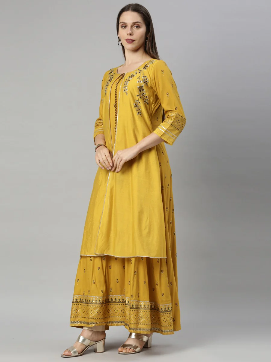 Neerus Mustard Color Chanderi Fabric Tunic - Image 4