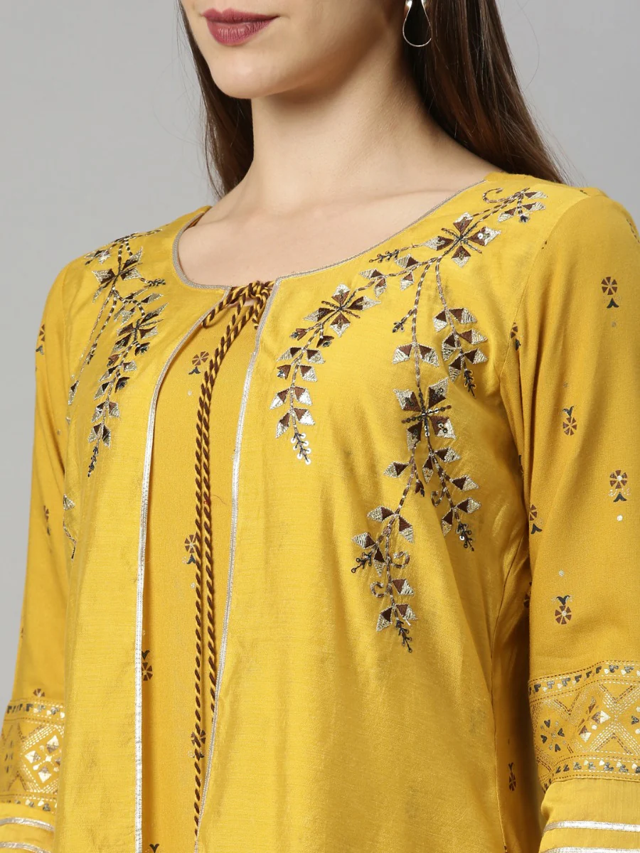 Neerus Mustard Color Chanderi Fabric Tunic - Image 8