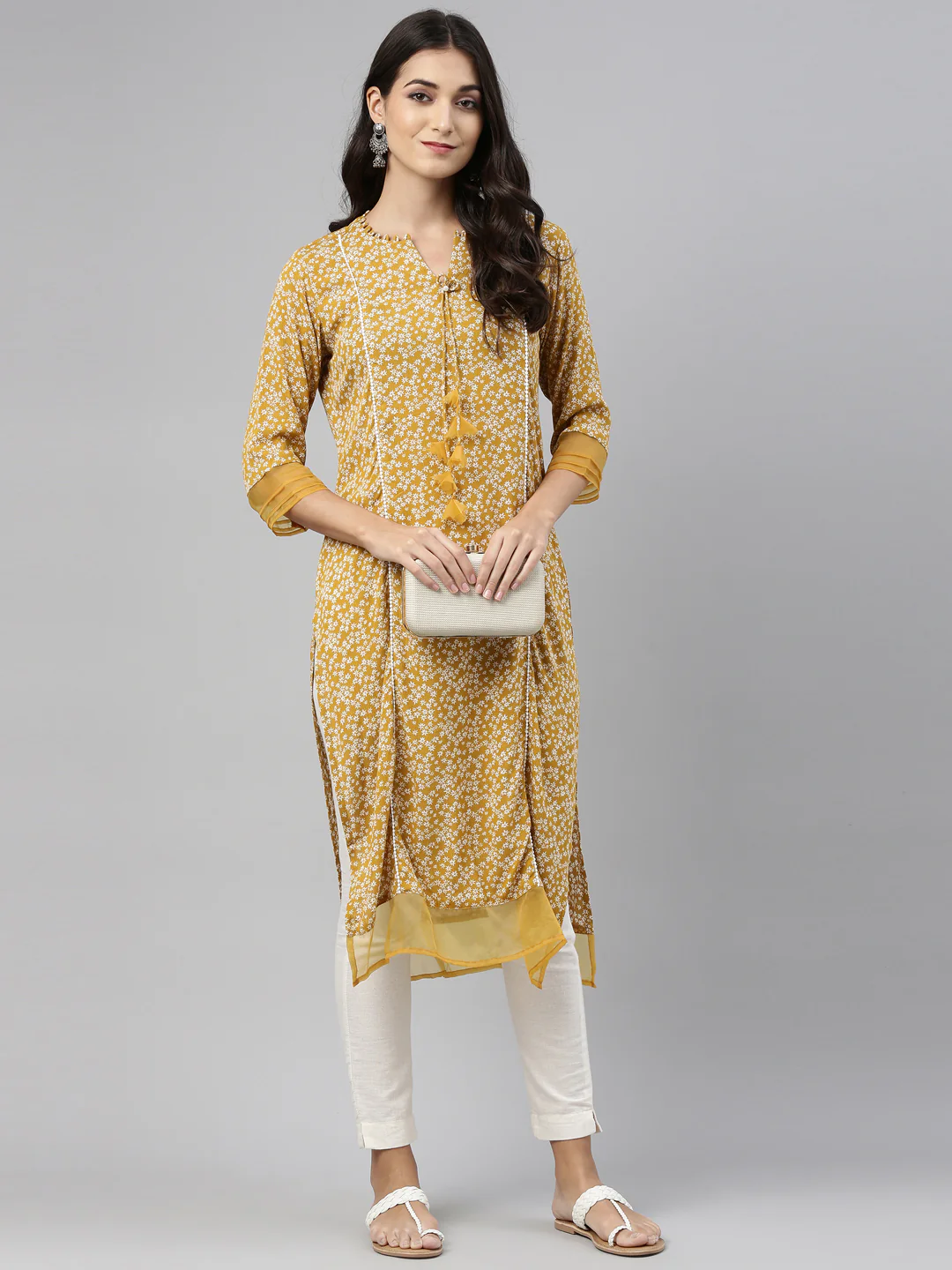 Neerus Mustard Color Chiffon Fabric Tunic