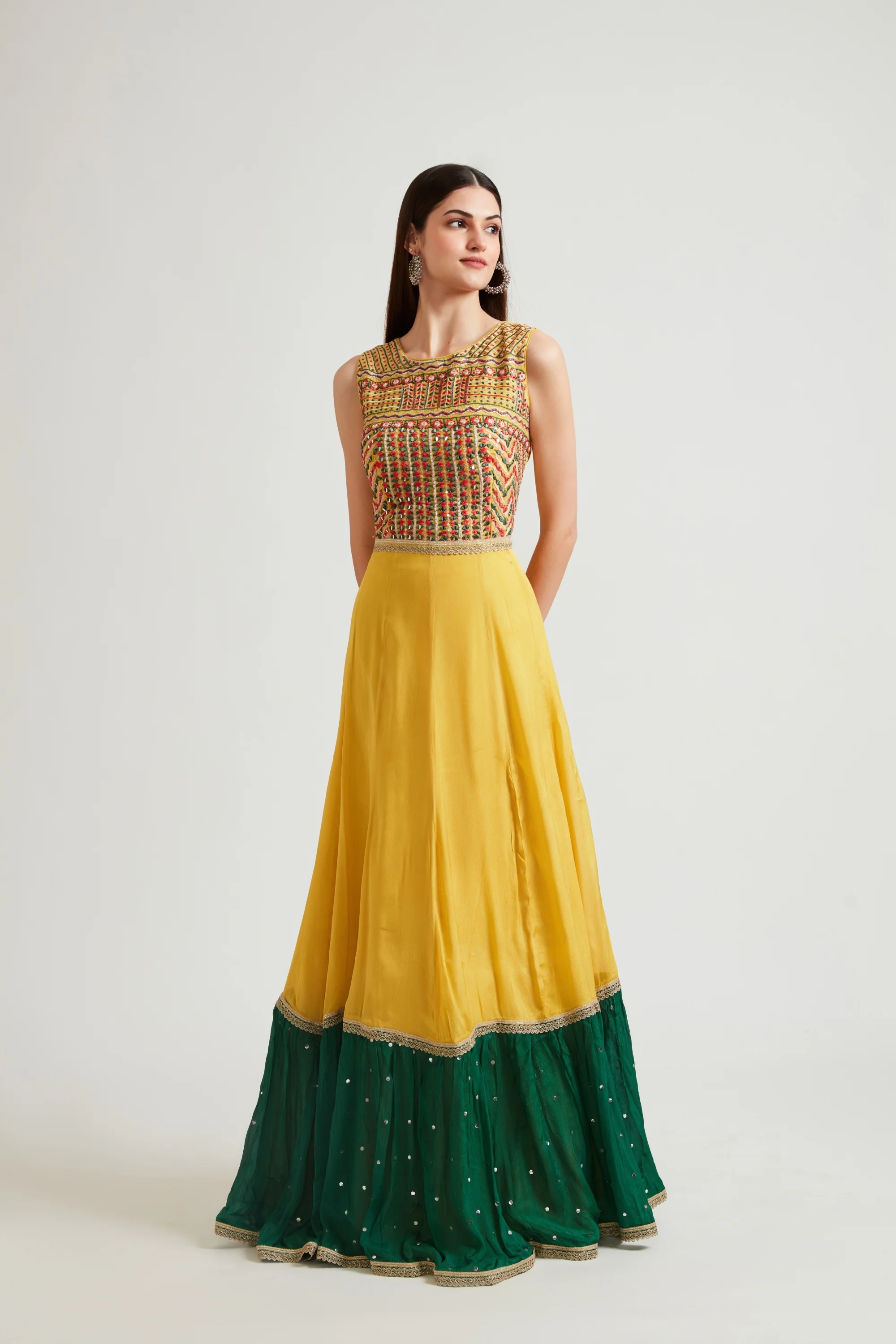 Neerus Mustard Color Chinon Fabric Anarkali Suit - Image 5