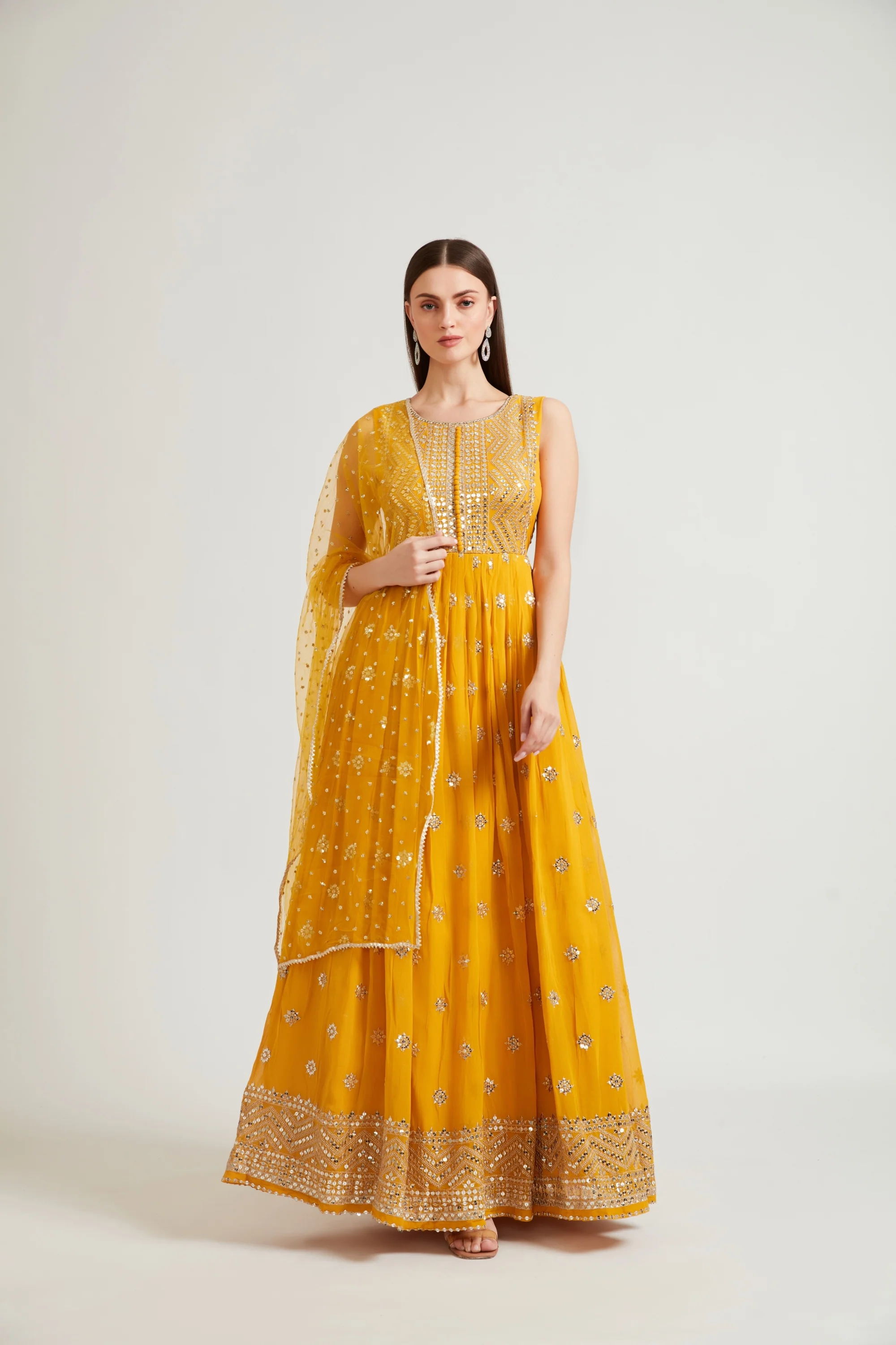 Neerus Mustard Color Embroidered Gown