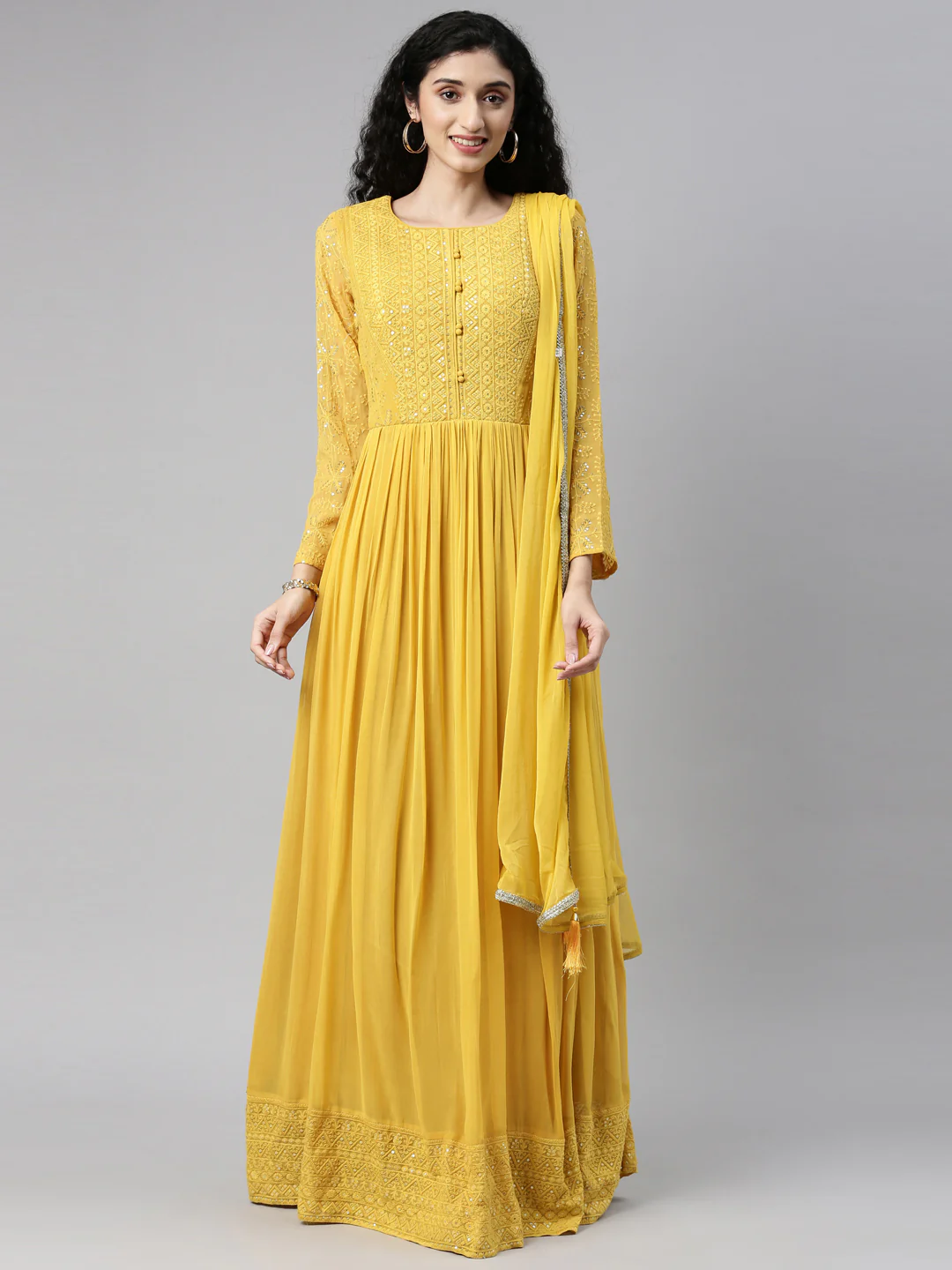 Neerus Mustard Color Georgette Fabric Gown