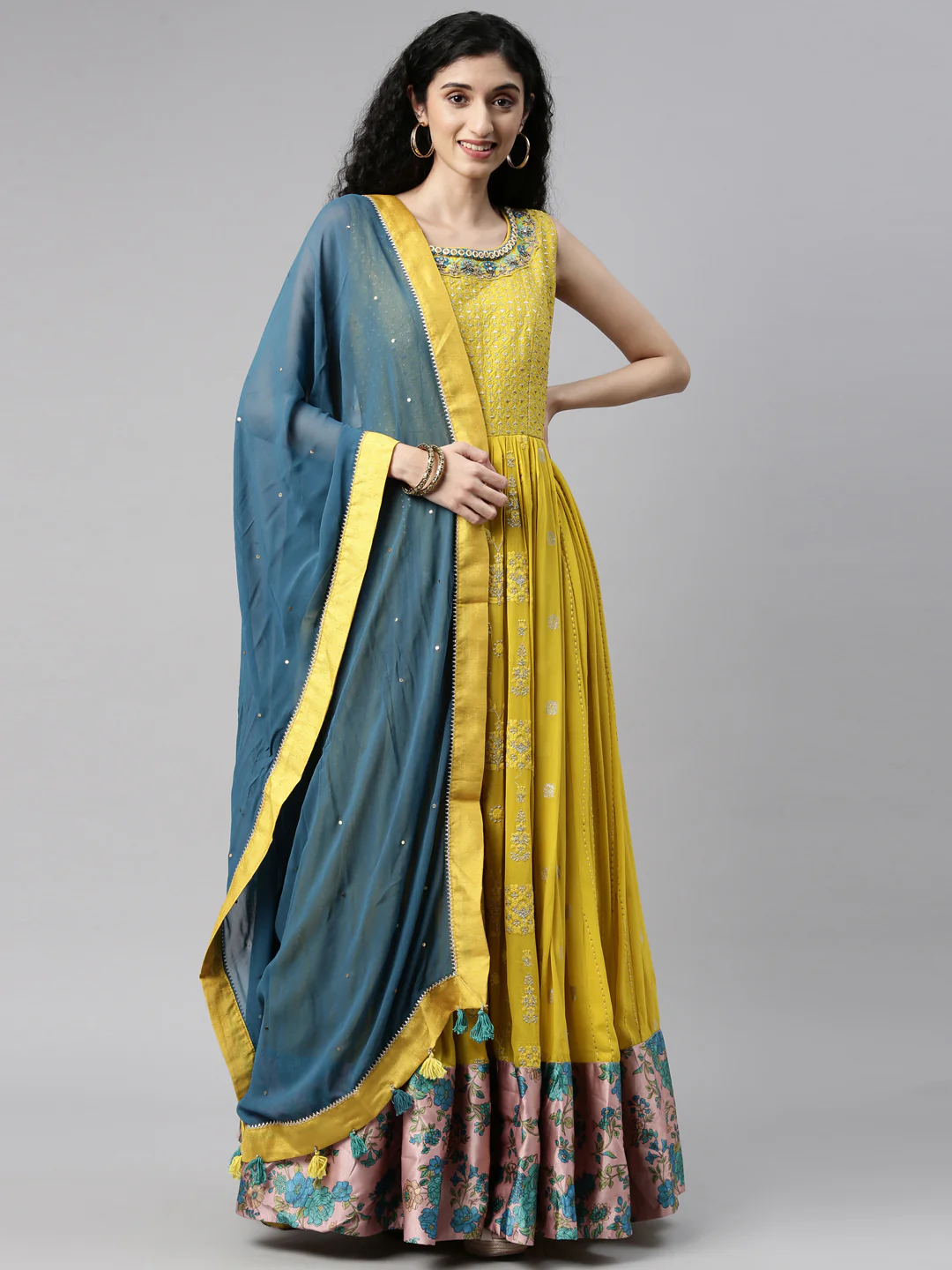 Neerus Mustard Color Georgette Fabric Kurta Set