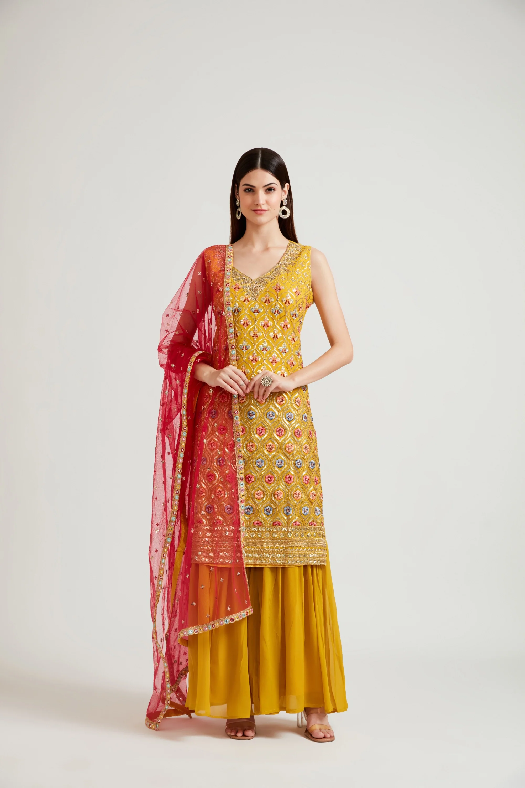 Neerus Mustard Color Georgette Fabric Kurta Sharara With Dupatta