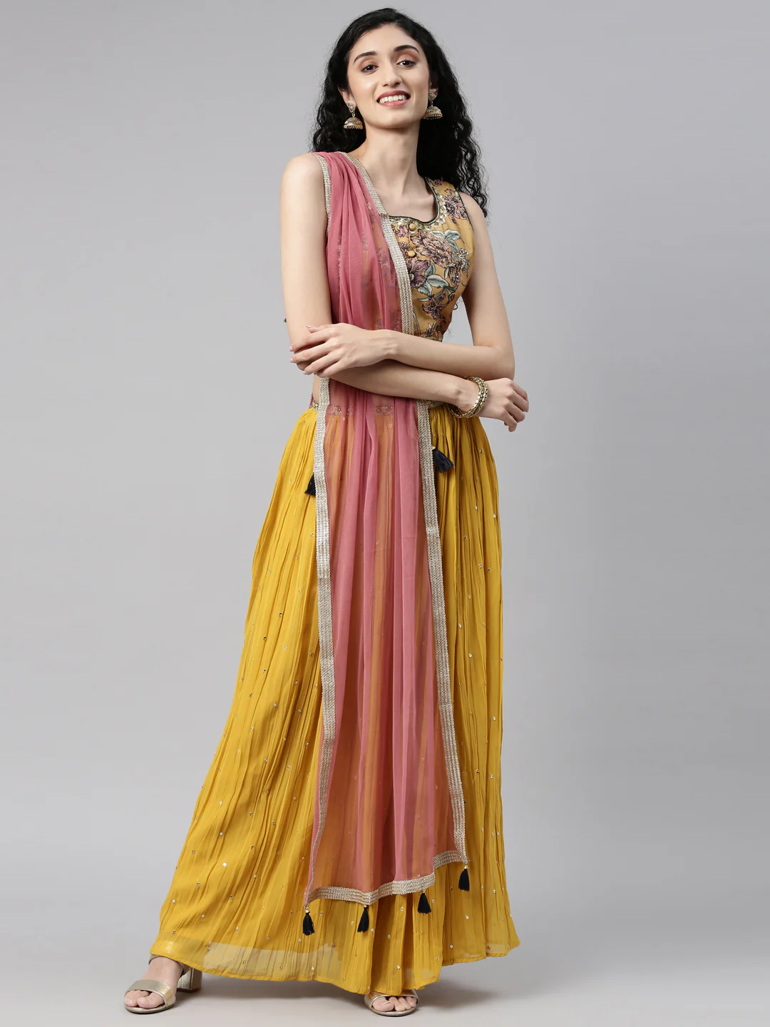 Neerus Mustard Color Georgette Fabric Lehenga Set - Image 15