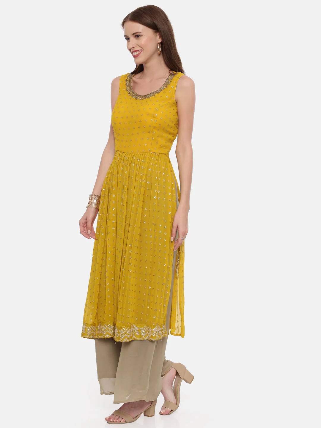 Neerus Mustard Color Georgette Fabric Sleeveless Suit-Plazzo - Image 5