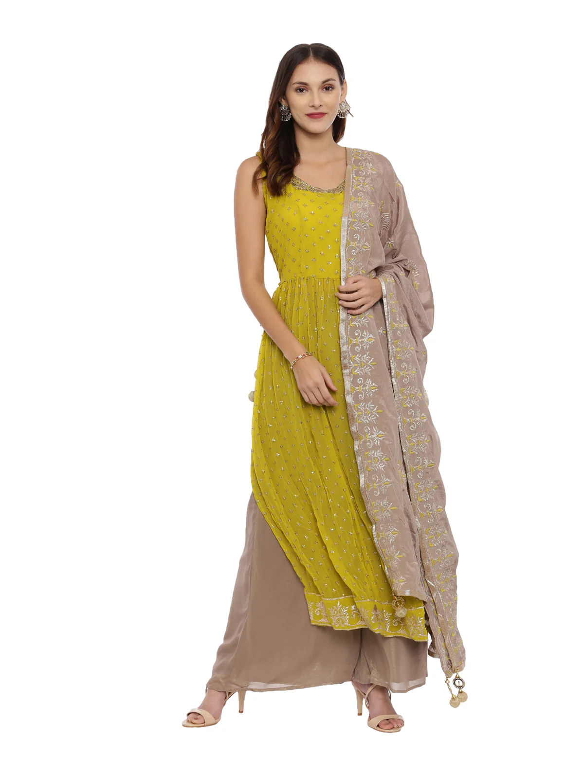 Neerus Mustard Color Georgette Fabric Sleeveless Suit-Plazzo