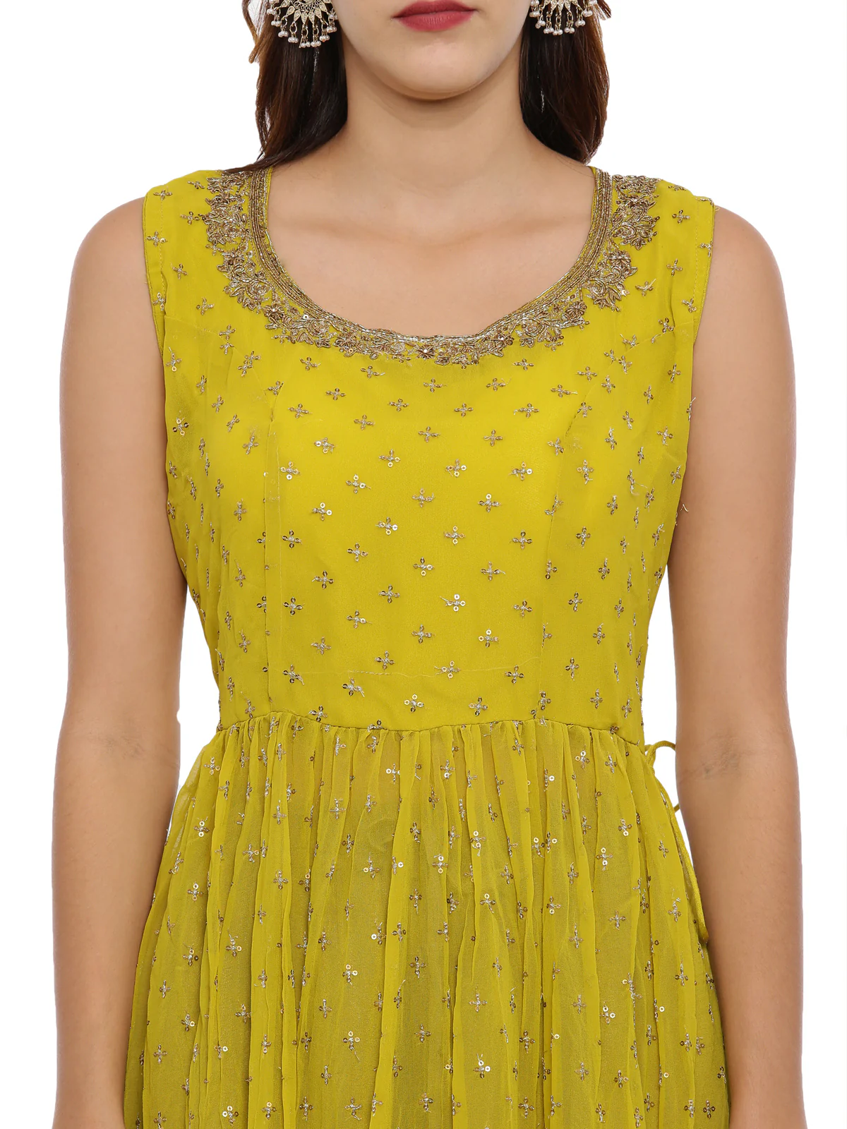 Neerus Mustard Color Georgette Fabric Sleeveless Suit-Plazzo - Image 2