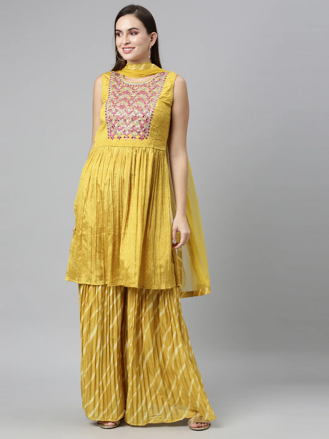 Neerus Mustard Color Jute Silk Fabric Kurta Sets With Dupatta