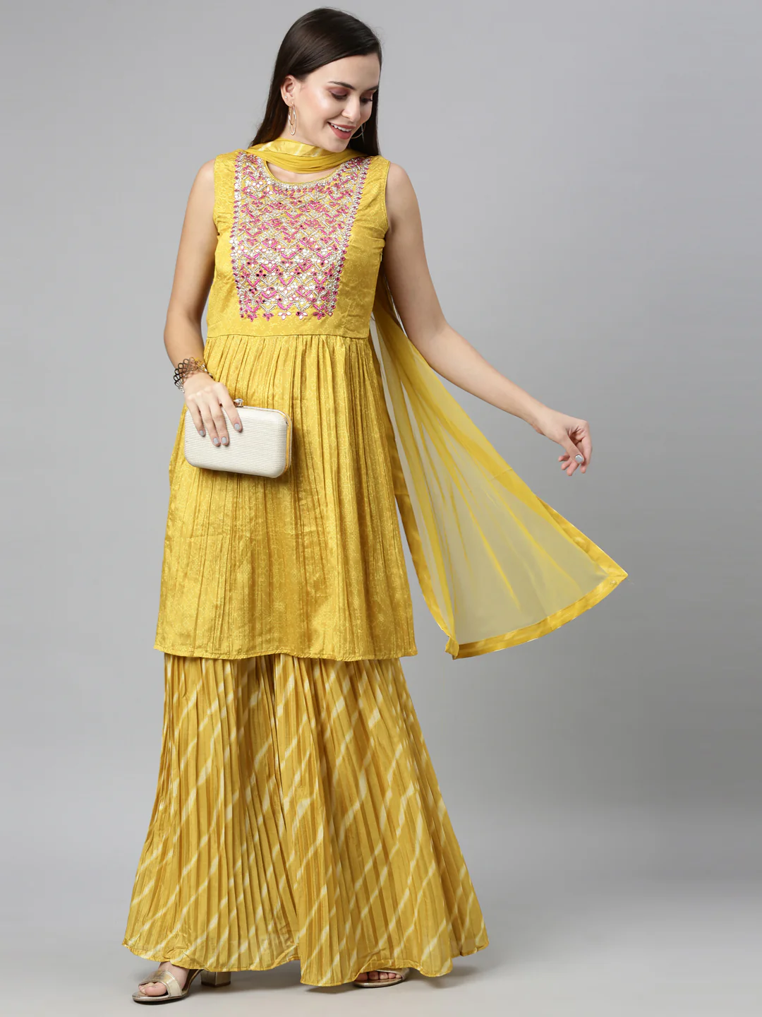 Neerus Mustard Color Jute Silk Fabric Kurta Sets With Dupatta - Image 5