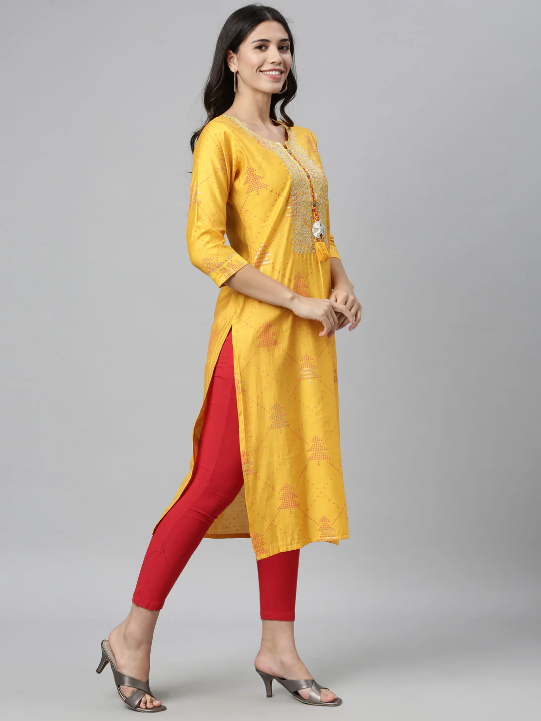 Neerus Mustard Color Model Fabric Kurta - Image 2