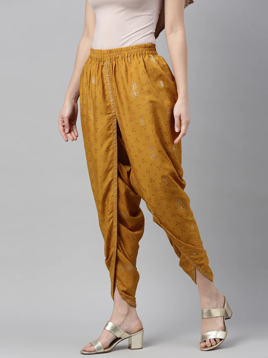Neerus Mustard Color Muslin Fabric Dhotti - Image 3