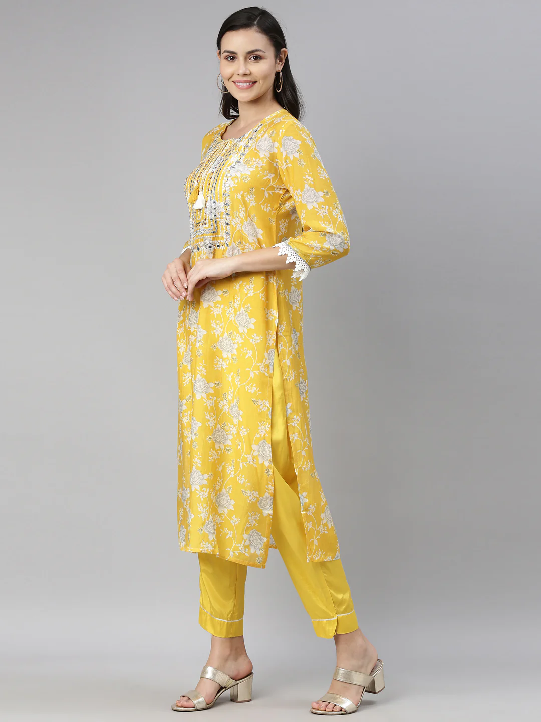 Neerus Mustard Color Muslin Fabric Kurta - Image 4