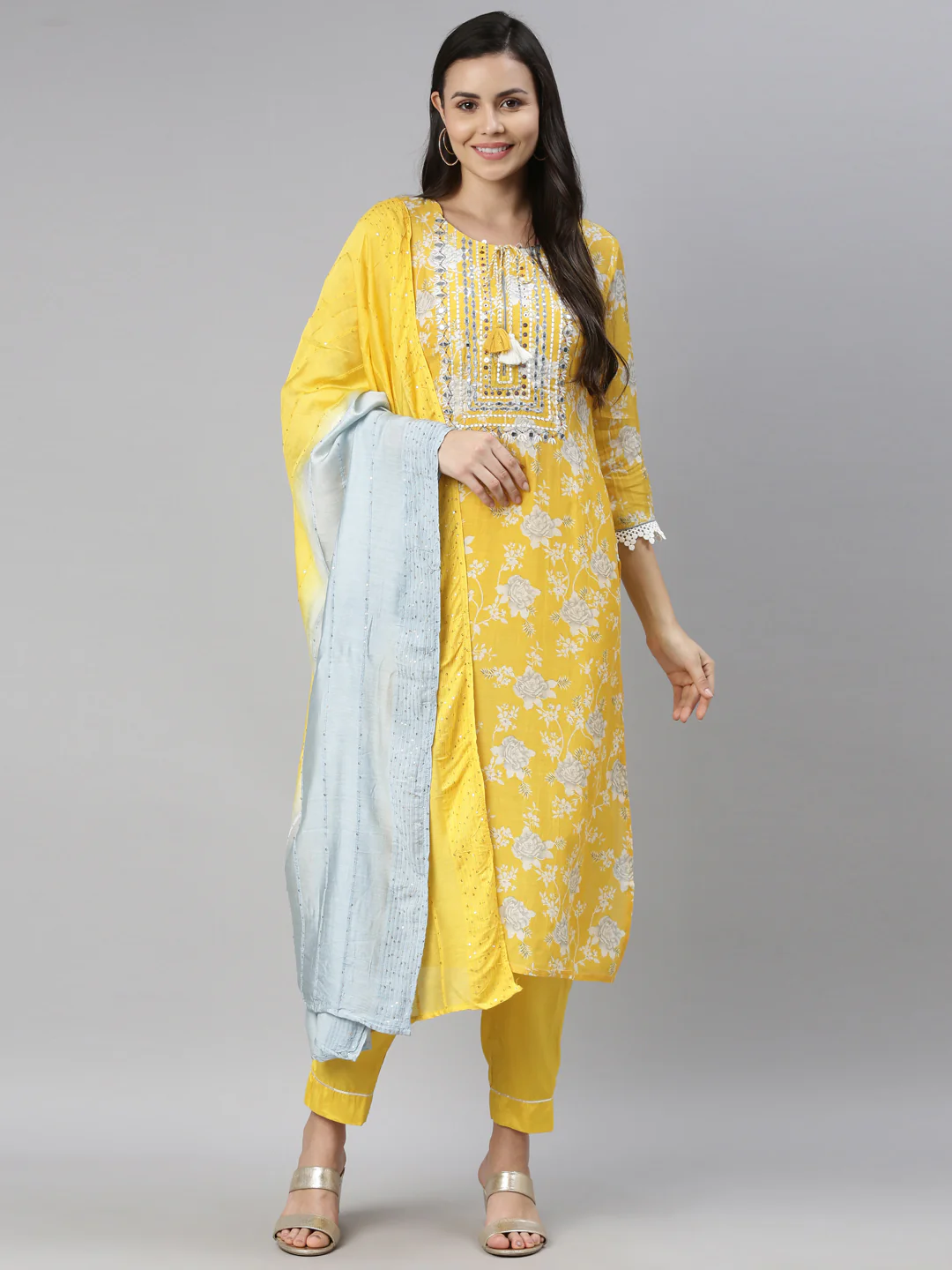 Neerus Mustard Color Muslin Fabric Kurta - Image 7