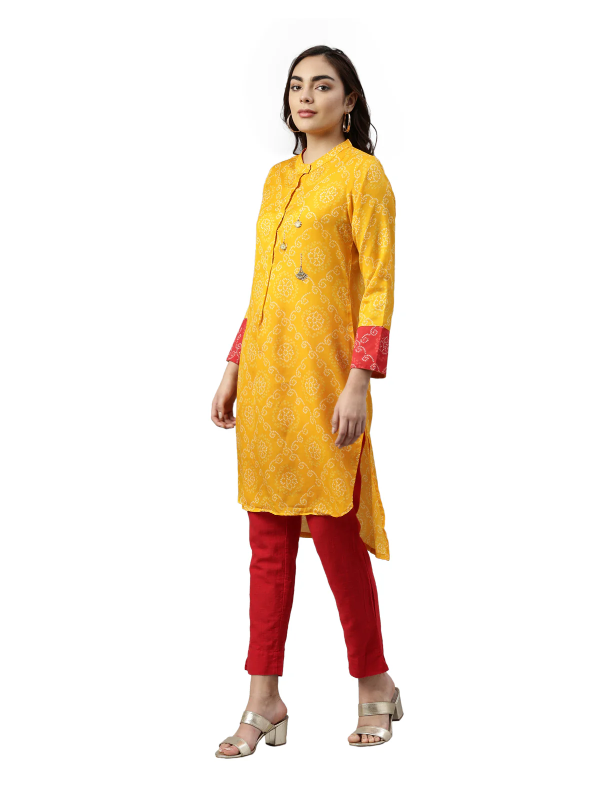 Neerus Mustard Color Muslin Fabric Kurta - Image 3