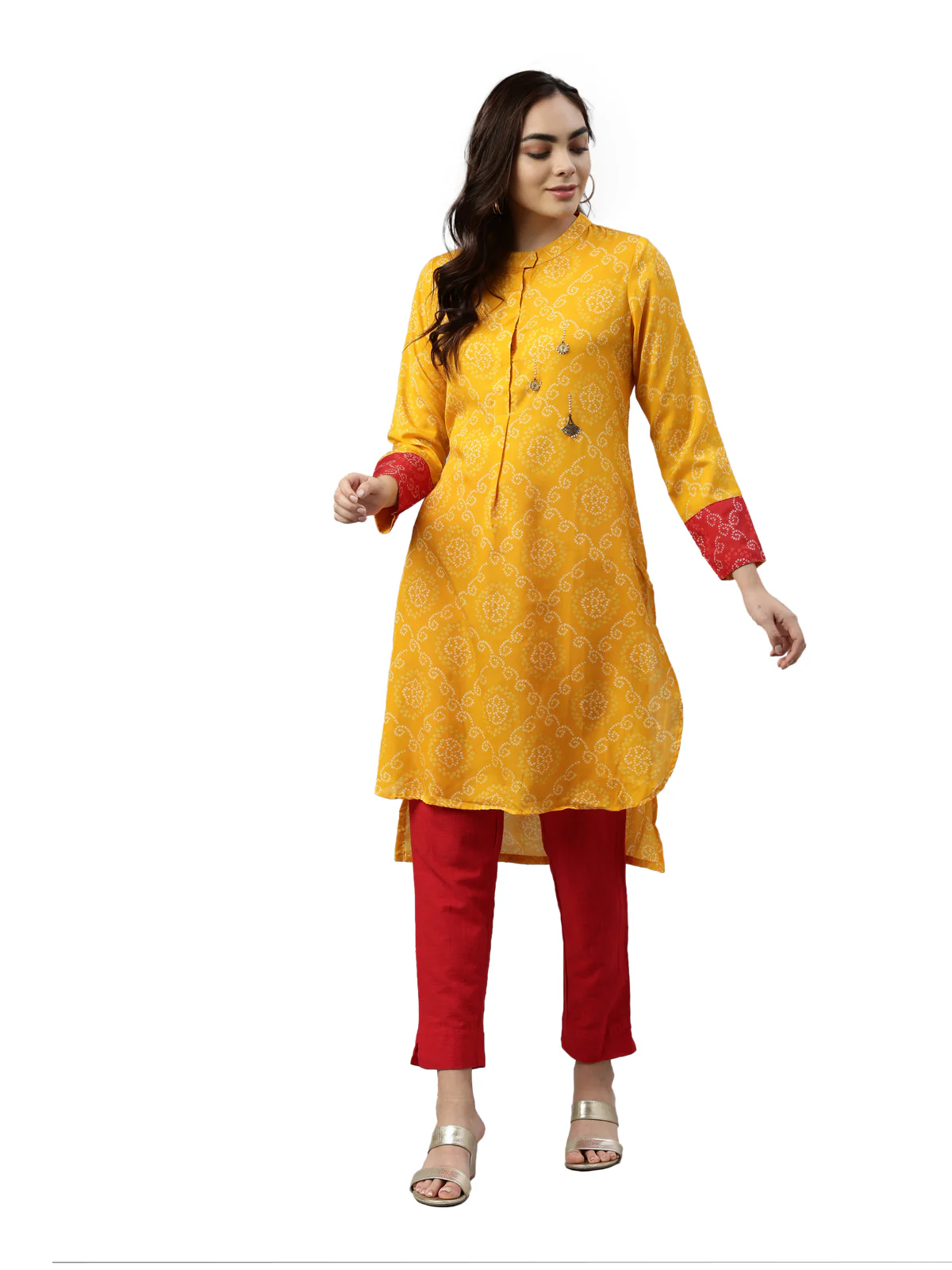 Neerus Mustard Color Muslin Fabric Kurta - Image 6