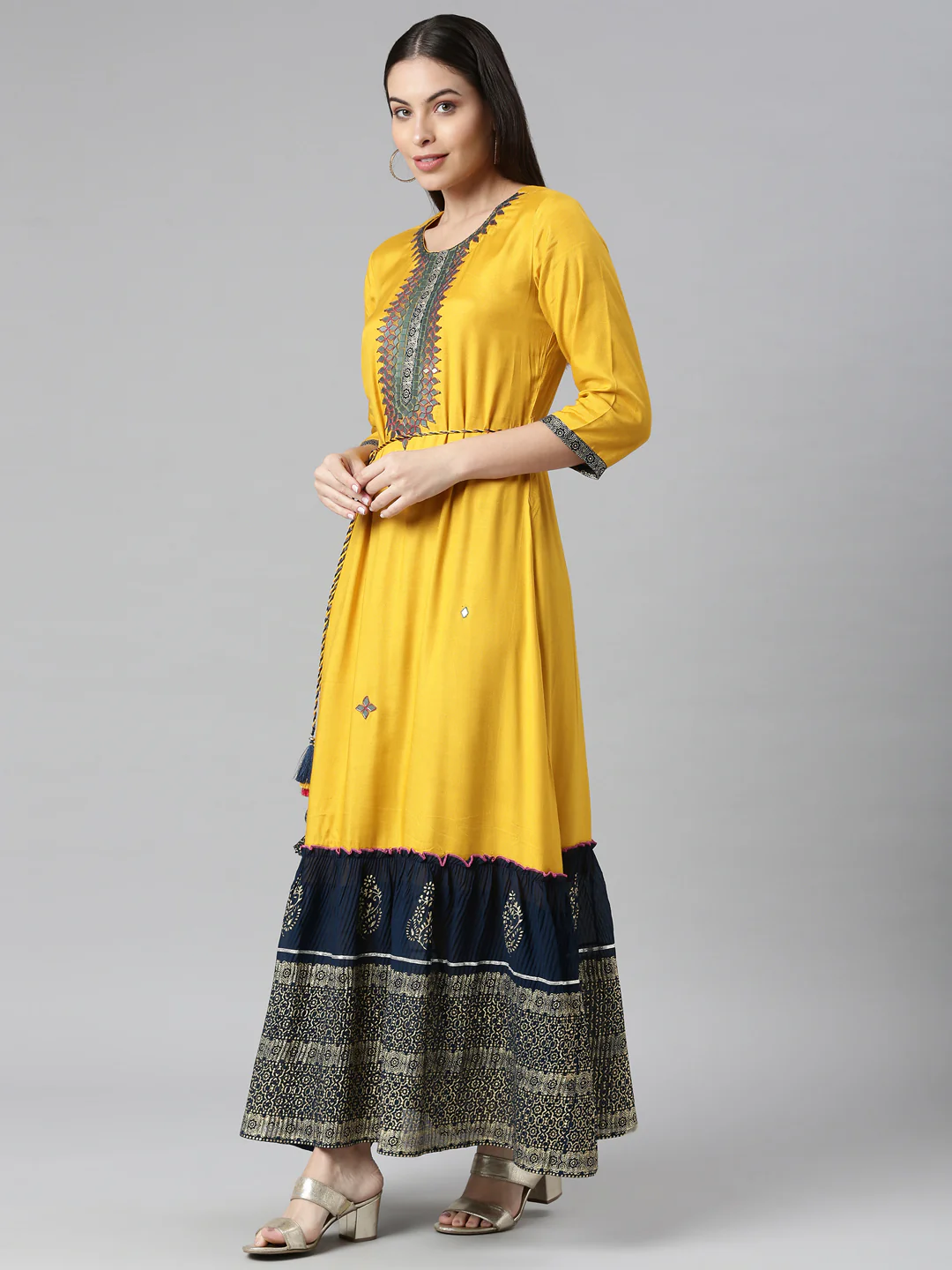 Neerus Mustard Color Rayon Fabric Dress - Image 2