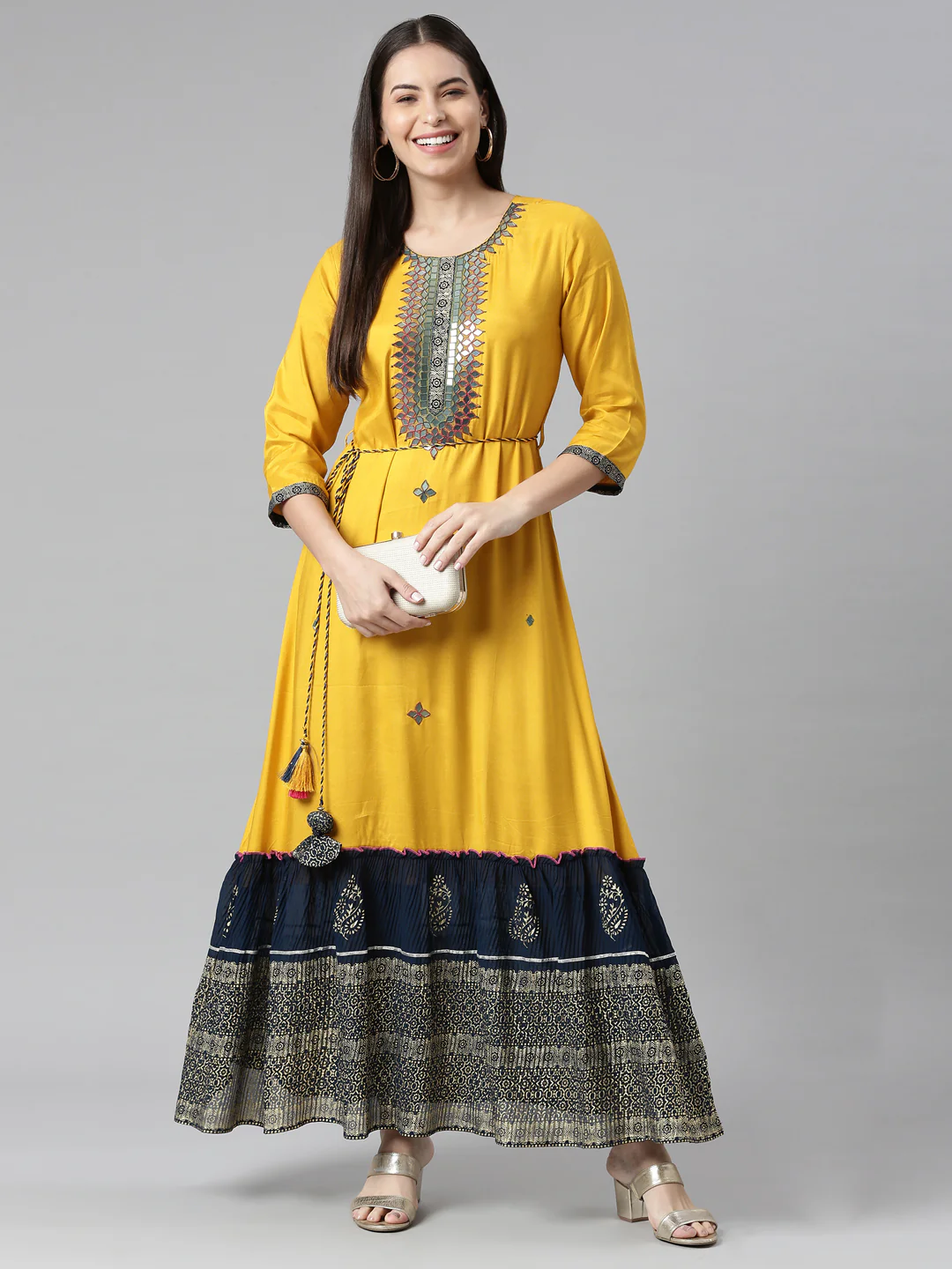 Neerus Mustard Color Rayon Fabric Dress - Image 5
