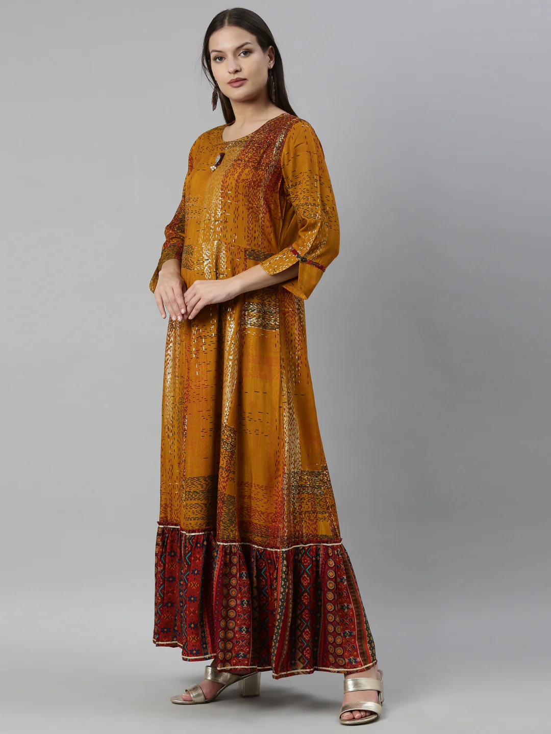 Neerus Mustard Color Rayon Fabric Kurta - Image 3