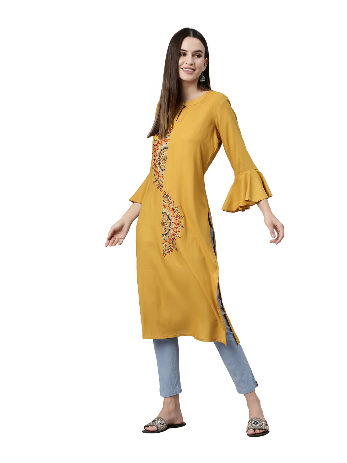 Neerus Mustard Color Rayon Fabric Kurta - Image 6