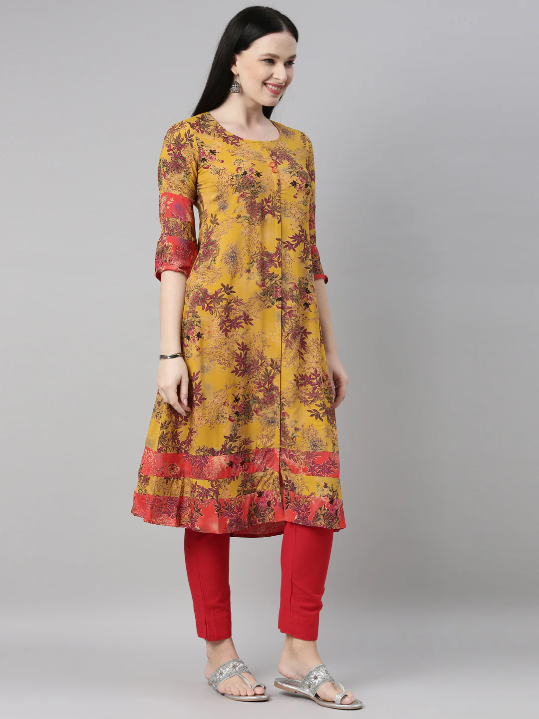 Neerus Mustard Color Rayon Fabric Kurta - Image 4
