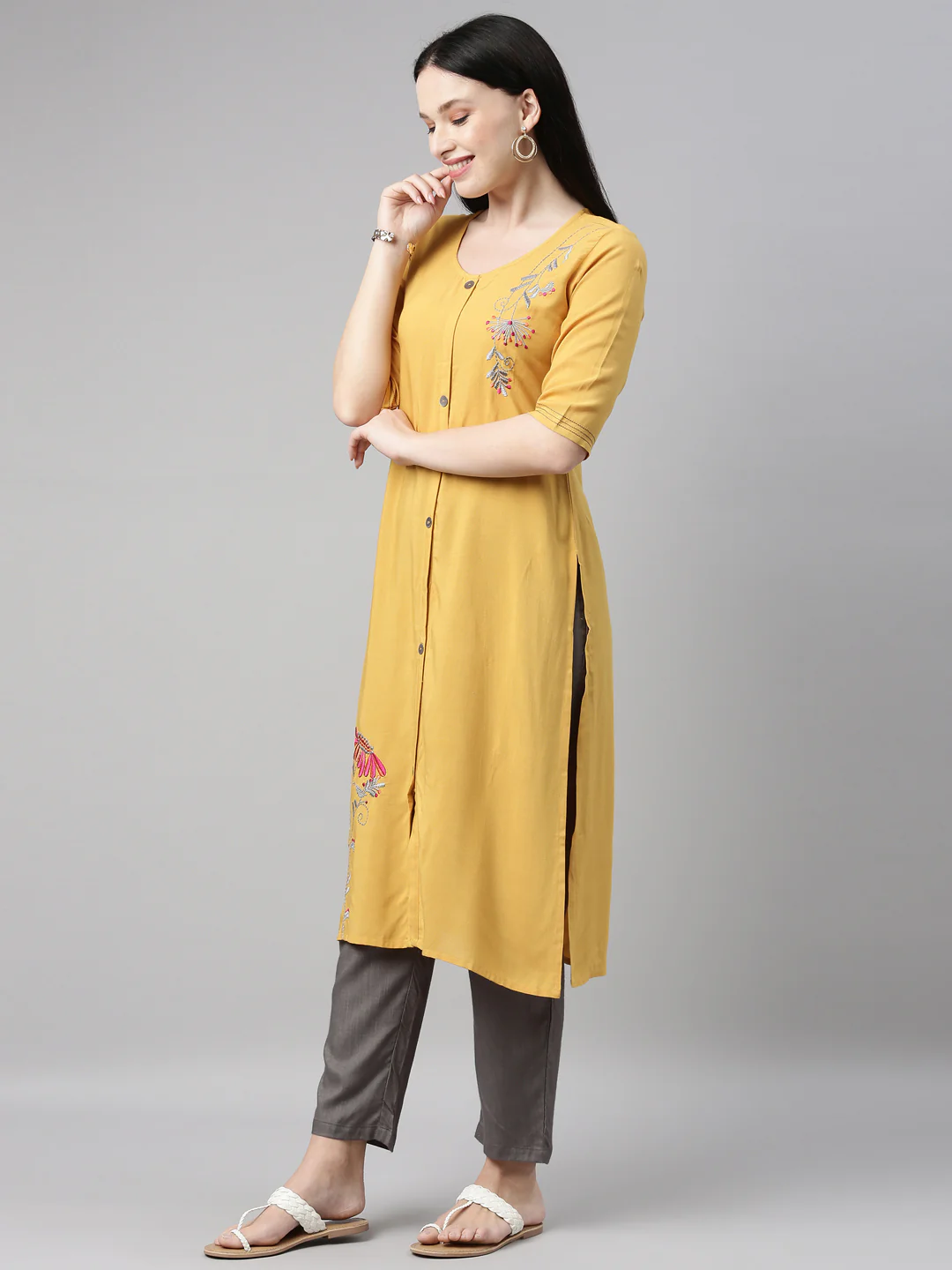 Neerus Mustard Color Rayon Fabric Kurta Set - Image 3