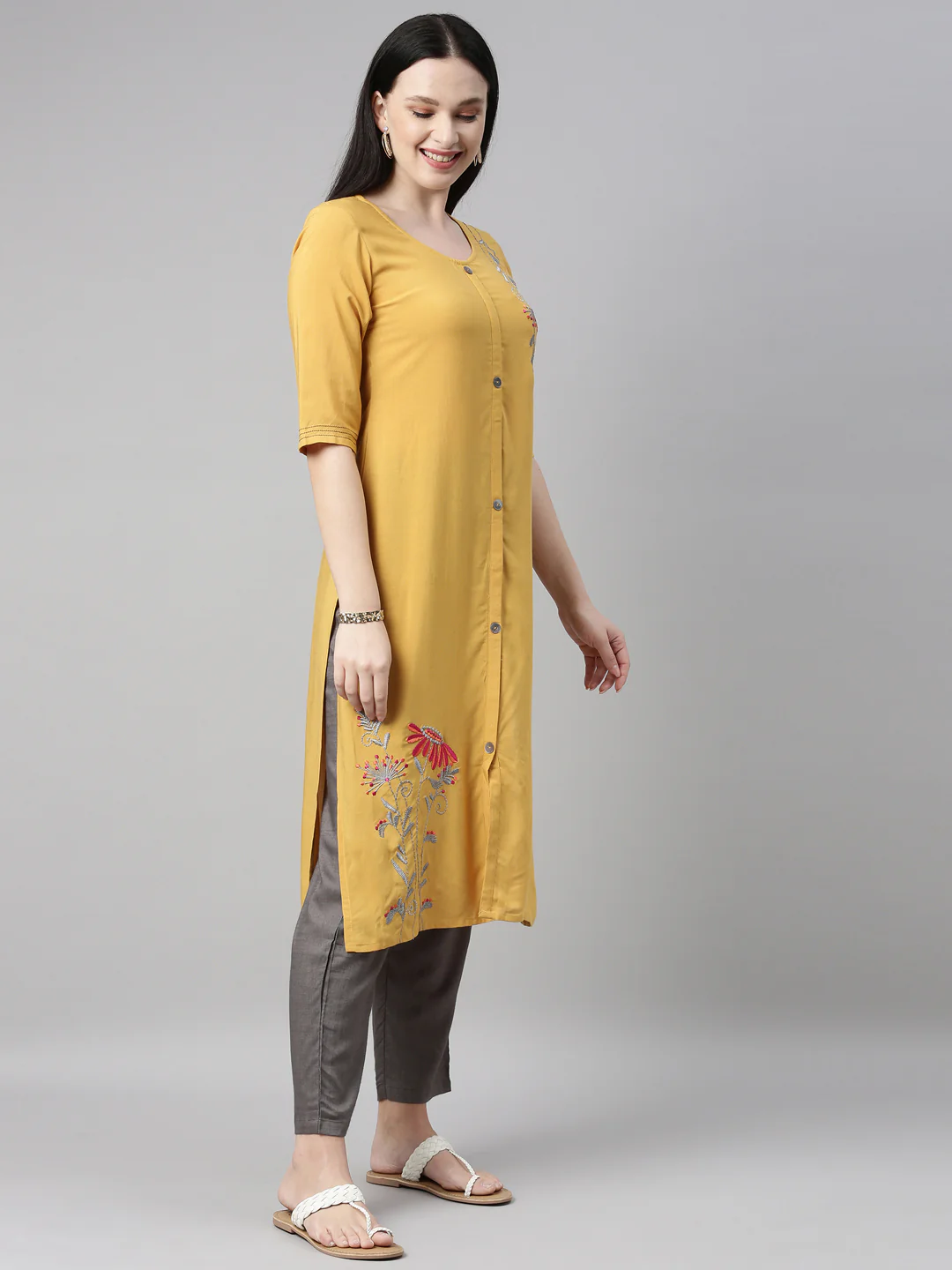 Neerus Mustard Color Rayon Fabric Kurta Set - Image 4